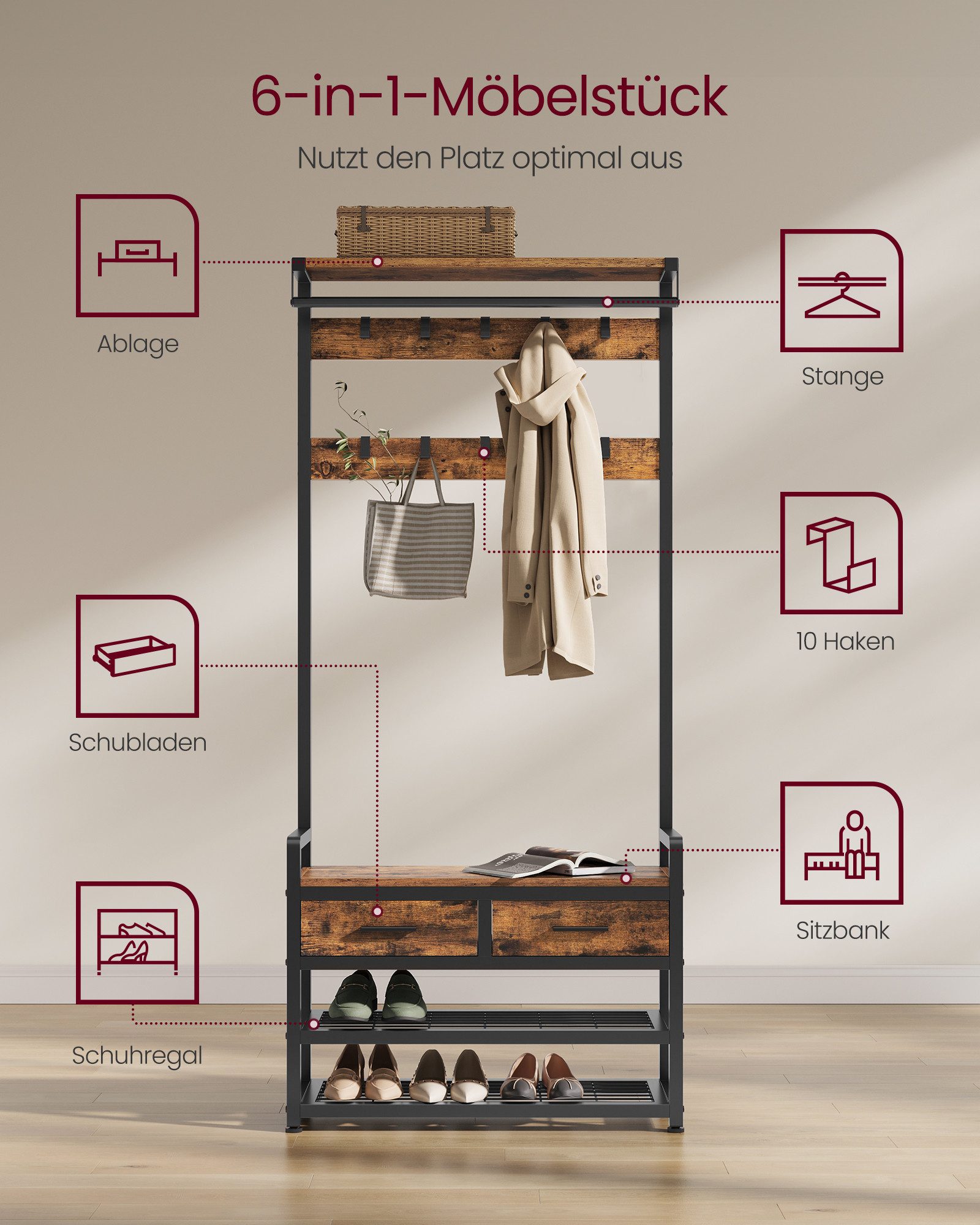 VASAGLE Garderobenständer Garderobe mit Schuhbank, mit Haken und offenen Fächern, 2 Schubladen aus Stoff – Bild 4 von 5