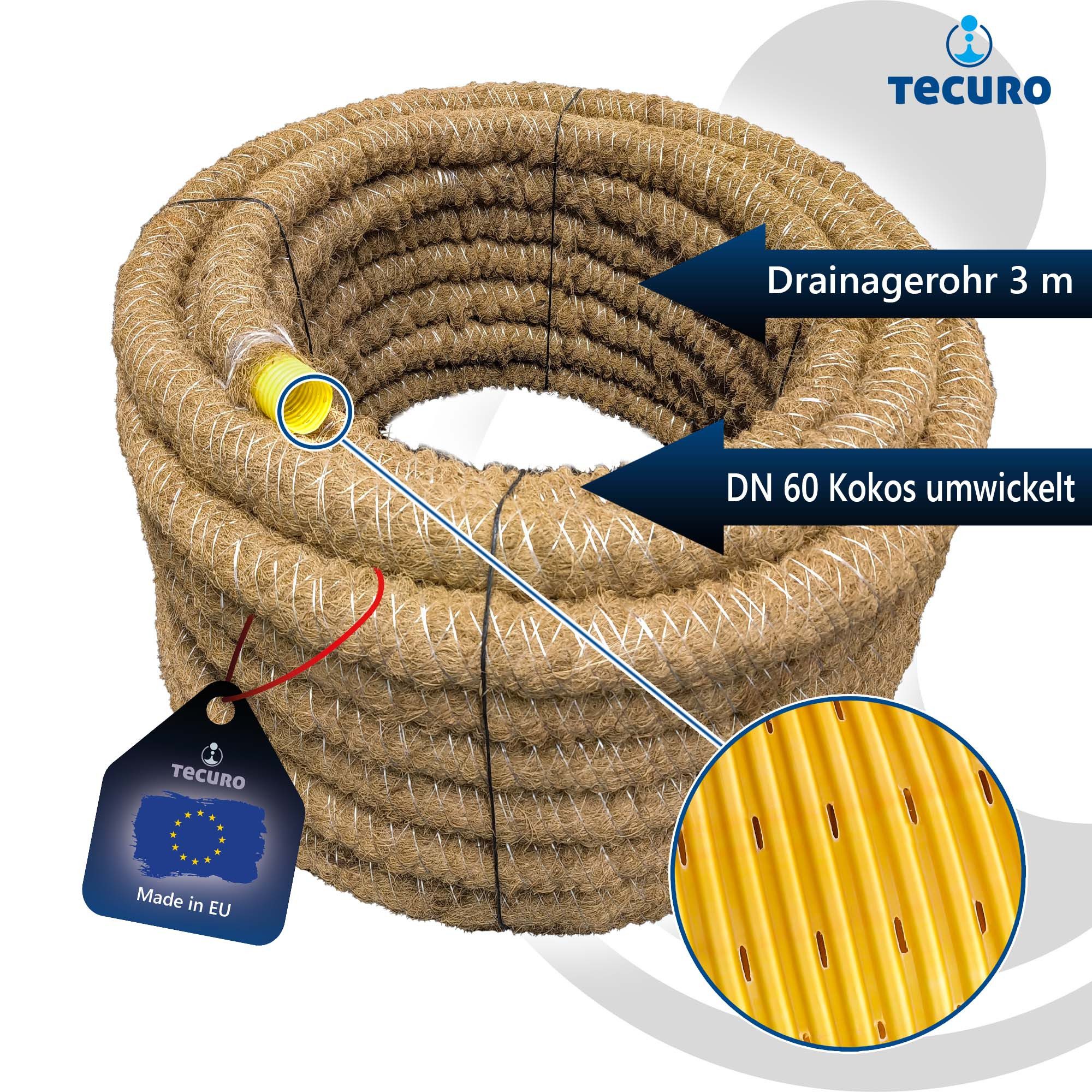 tecuro Drainagerohr flexibel gewellt und geschlitzt, mit Kokosummantelung versch. Längen, DN 60 x Länge 3 m