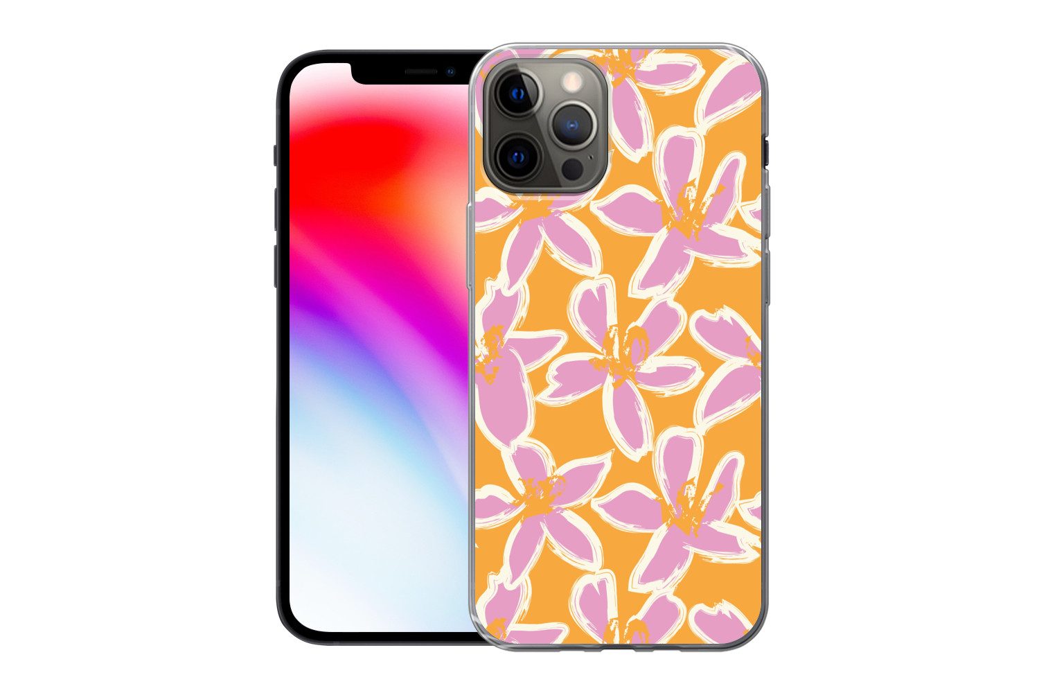 MuchoWow Handyhülle für Apple iPhone 13 Pro Blumen - Muster - Rosa - Orange, Smartphone-Bumper, Print, Handy Schutzhülle Dünn