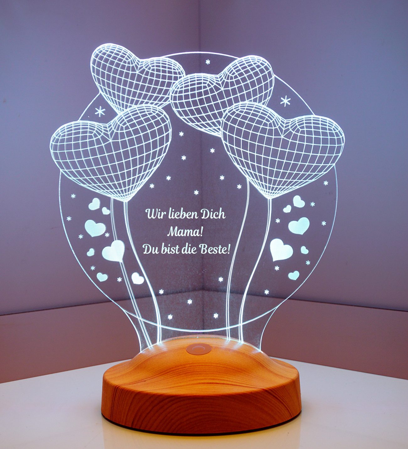 Geschenkelampe LED Nachttischlampe Ballon Herzen 3D Gravur mehrfarbiges Geschenk für Muttertag, Leuchte 7 Farben fest integriert, Muttertagsgeschenk, beste Mama der Welt