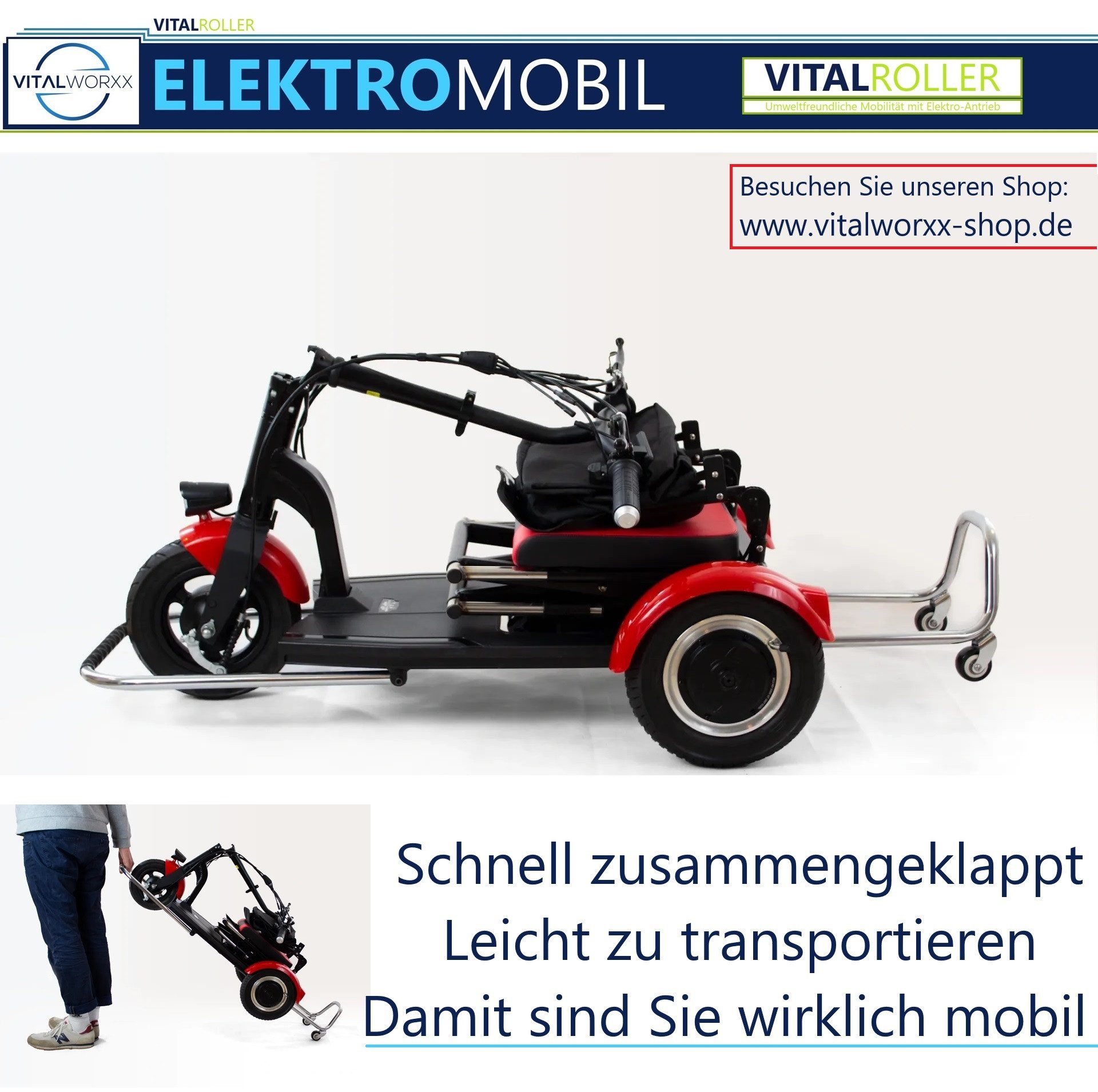 VITALWORXX Elektromobil VITALROLLER 6 km/h - Faltbar - kompakt & leicht - Reichweite bis 30 km