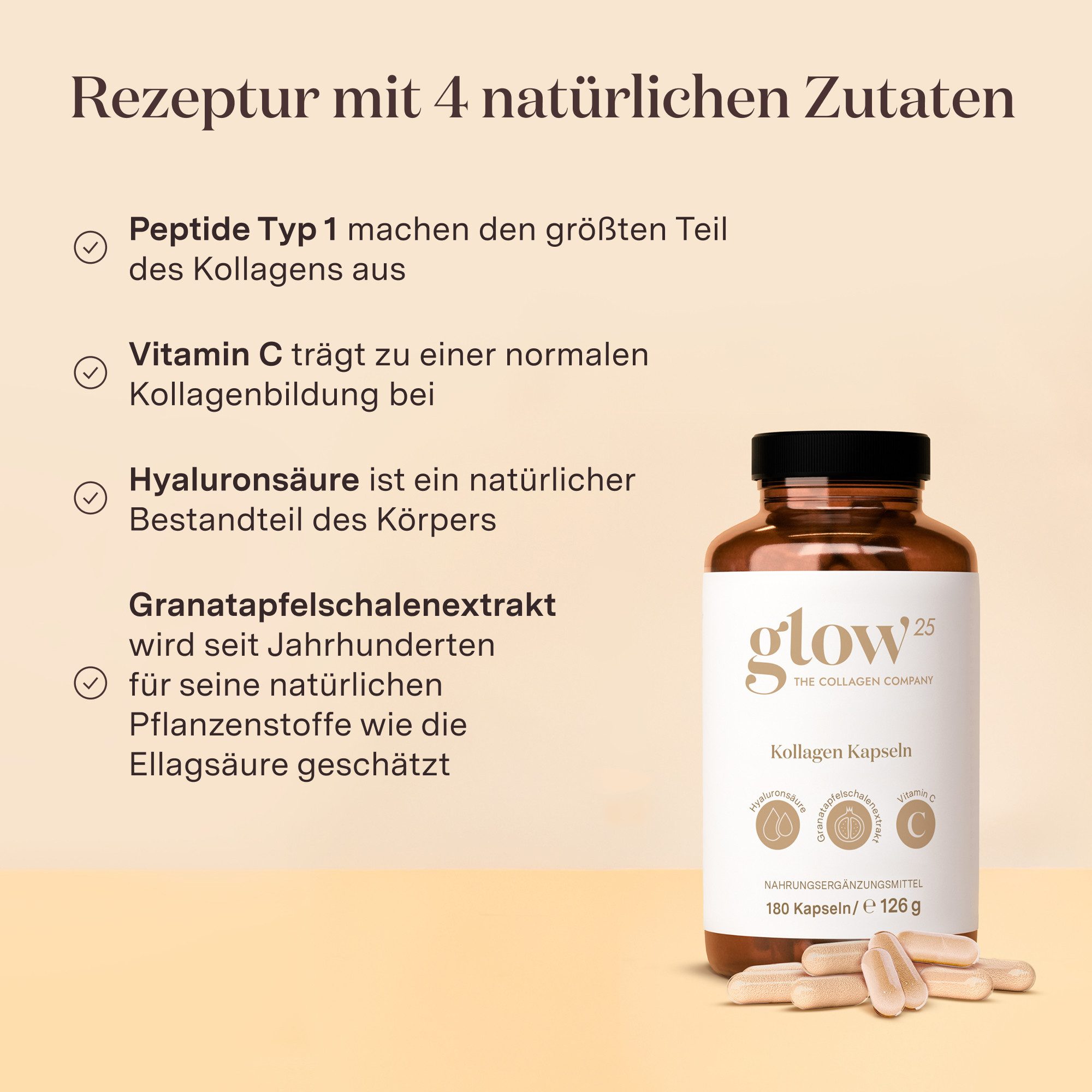 Glow25 Kollagen Kapseln [180 Kapseln] mit Hyaluronsäure und Vitamin C Kapseln, 126 g