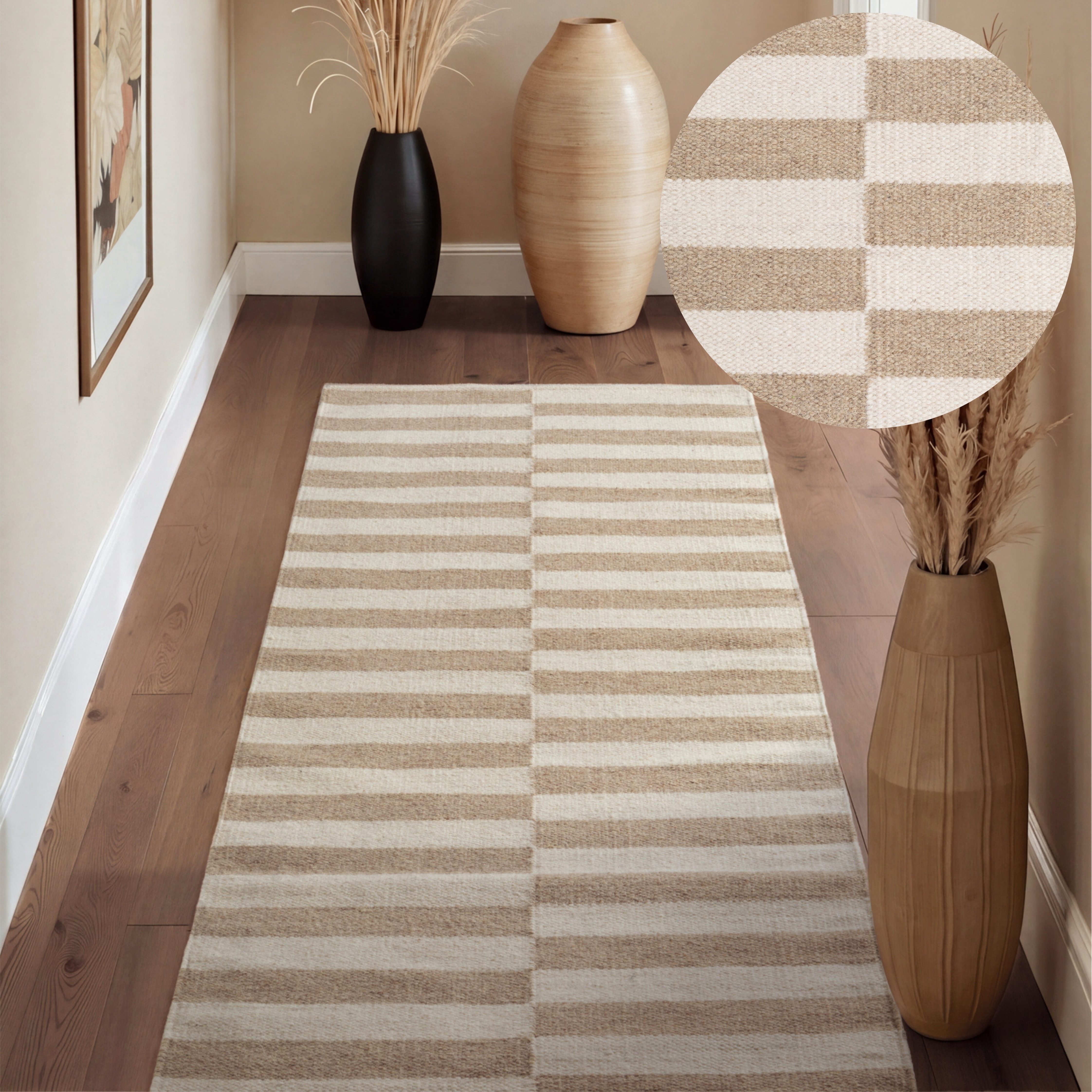 HANSE Home Wollteppich Vika, schwarz-weiss, rechteckig, Höhe: 5 mm, Handgewebt, Wolle, Natur, Läufer, Wohnzimmer, Schlafzimmer, Streifen