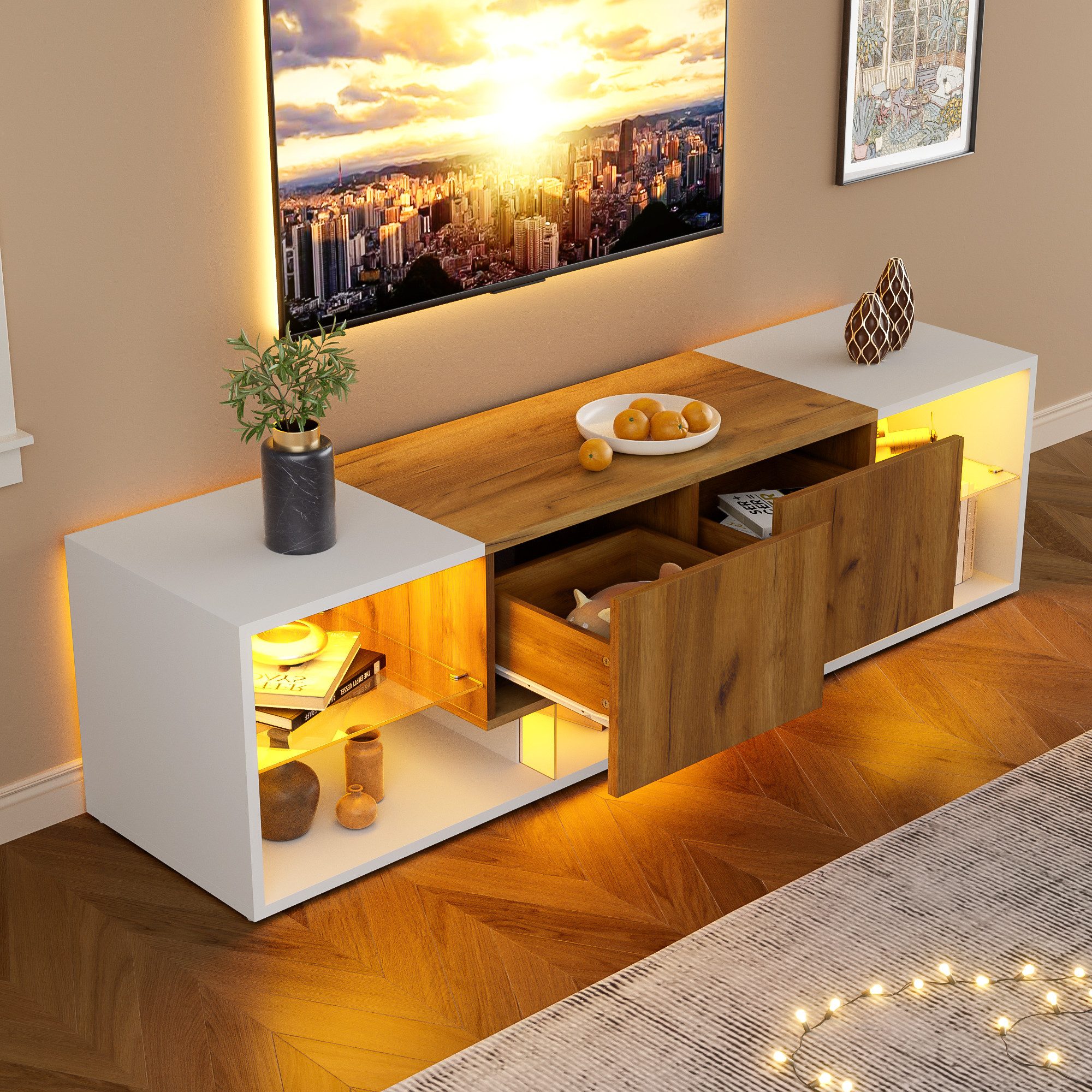 Merax Lowboard mit LED-Beleuchtung (1 St), TV-Schrank Fernsehschrank mit Glasablage und 2 Schubladen, 160x40x42cm