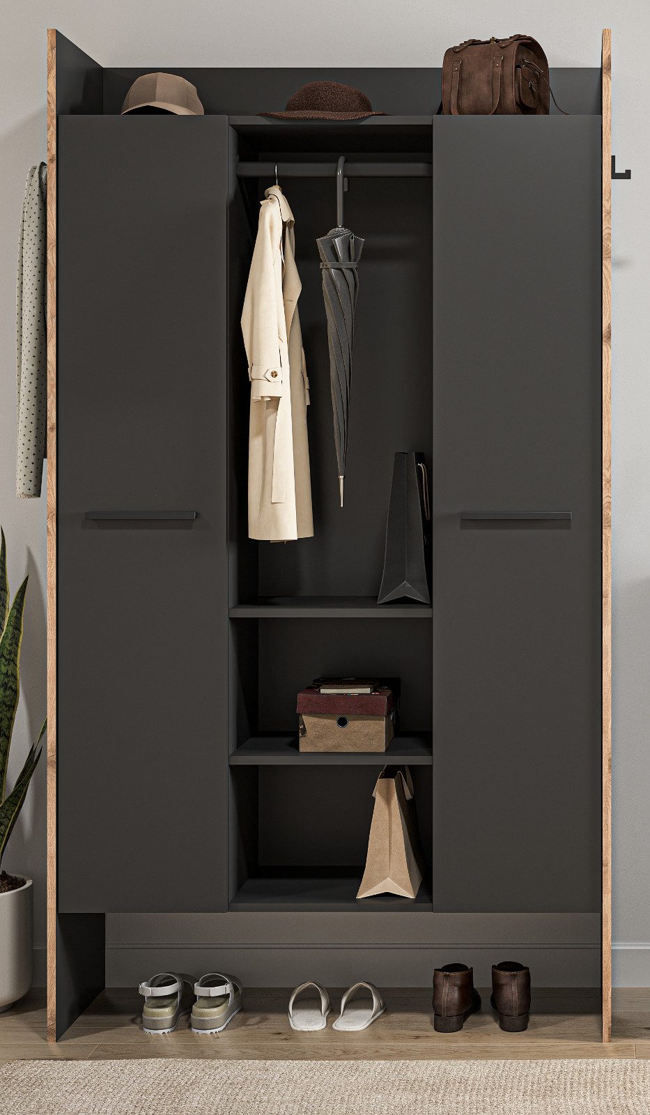 Inn.Furn Kompaktgarderobe Salud (Flurgarderobe in Basalt Grau mit Eiche, 105 x 189 cm) bis zu 12 Paar Schuhe