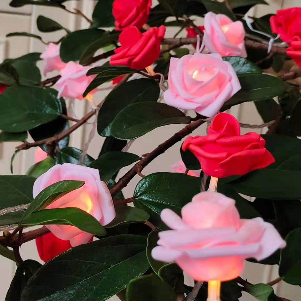 MUPOO LED-Lichterkette LED Nachtlicht Weihnachten,Blumengirlande 20LEDs Rose,LED Party Warmweiß,Batterie, Dekolicht 3M Rosa Garten Girlande,Kunstblume für Rot Rose