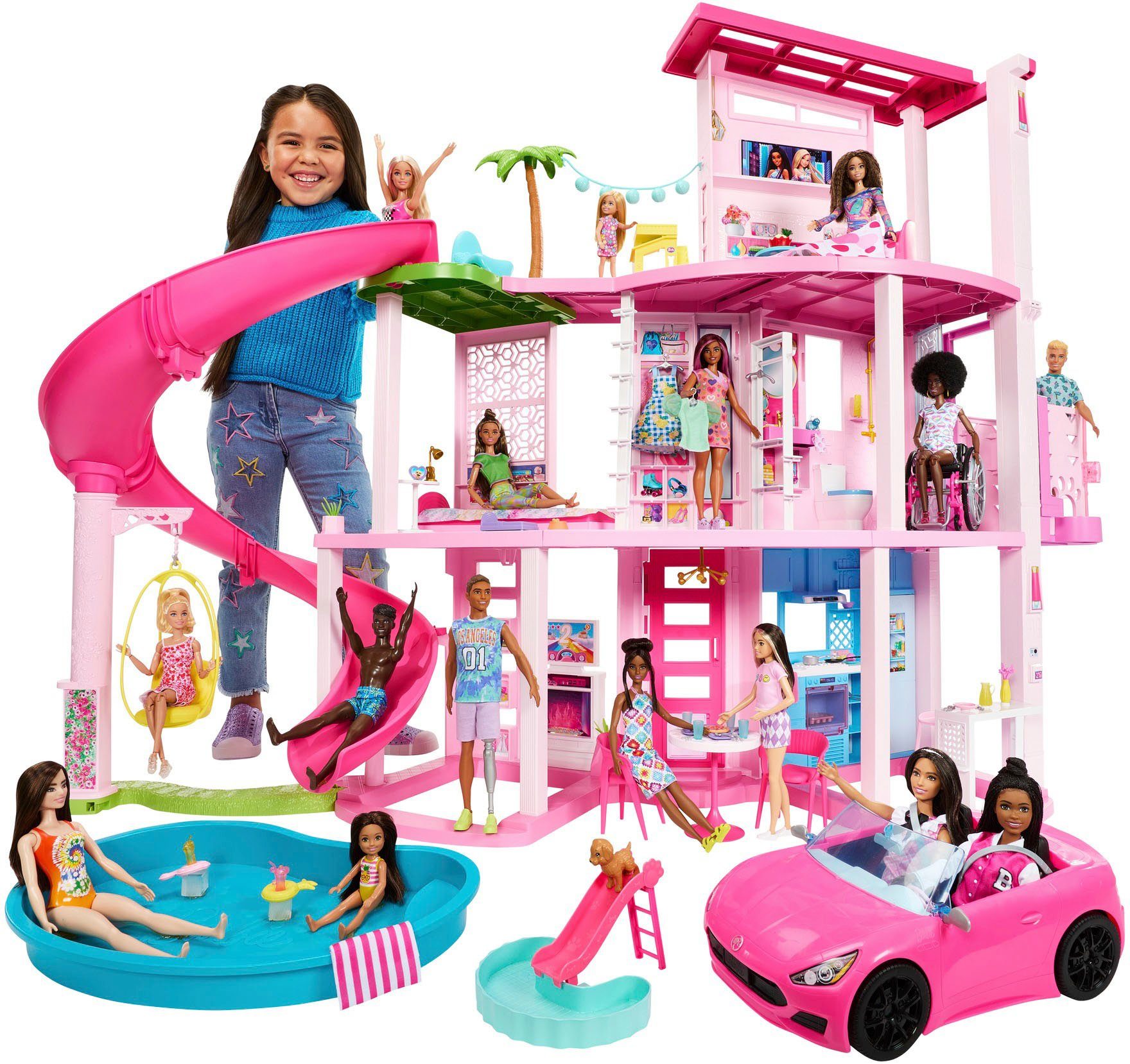 Barbie Puppenhaus Traumvilla, mit 3 Etagen, Licht- und Soundeffekt, Wendelrutsche, Balkon und Pool