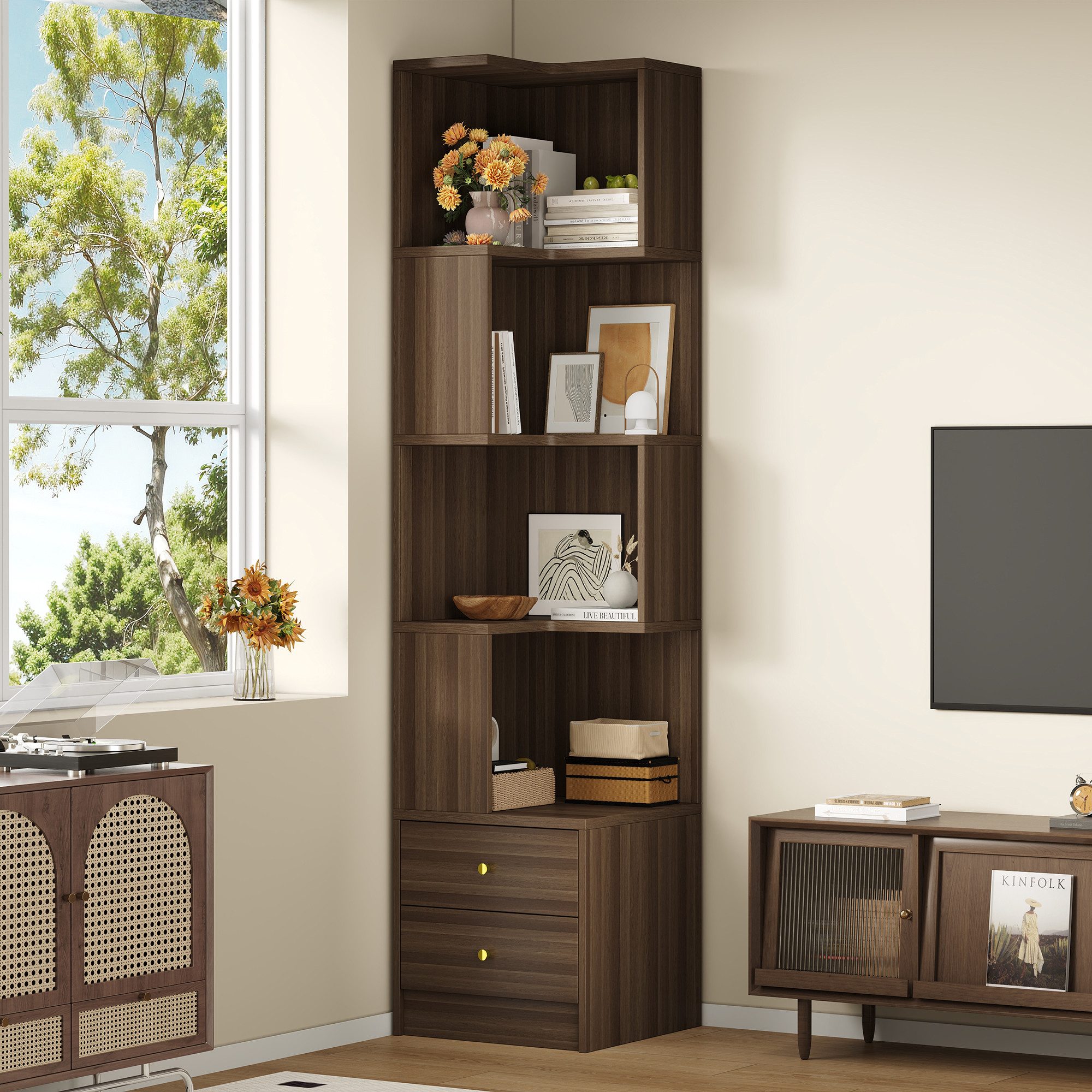 STILVORA Hochschrank Vitrine mit LED-Beleuchtung Highboard mit großem Stauraum (Multifunktionsschrank mit Eckdesign und Bücherregal, MDF-Material, offene Fächer, Schubladen, Farbwechsel-Licht) Für Wohnzimmer, Arbeitszimmer, Büro