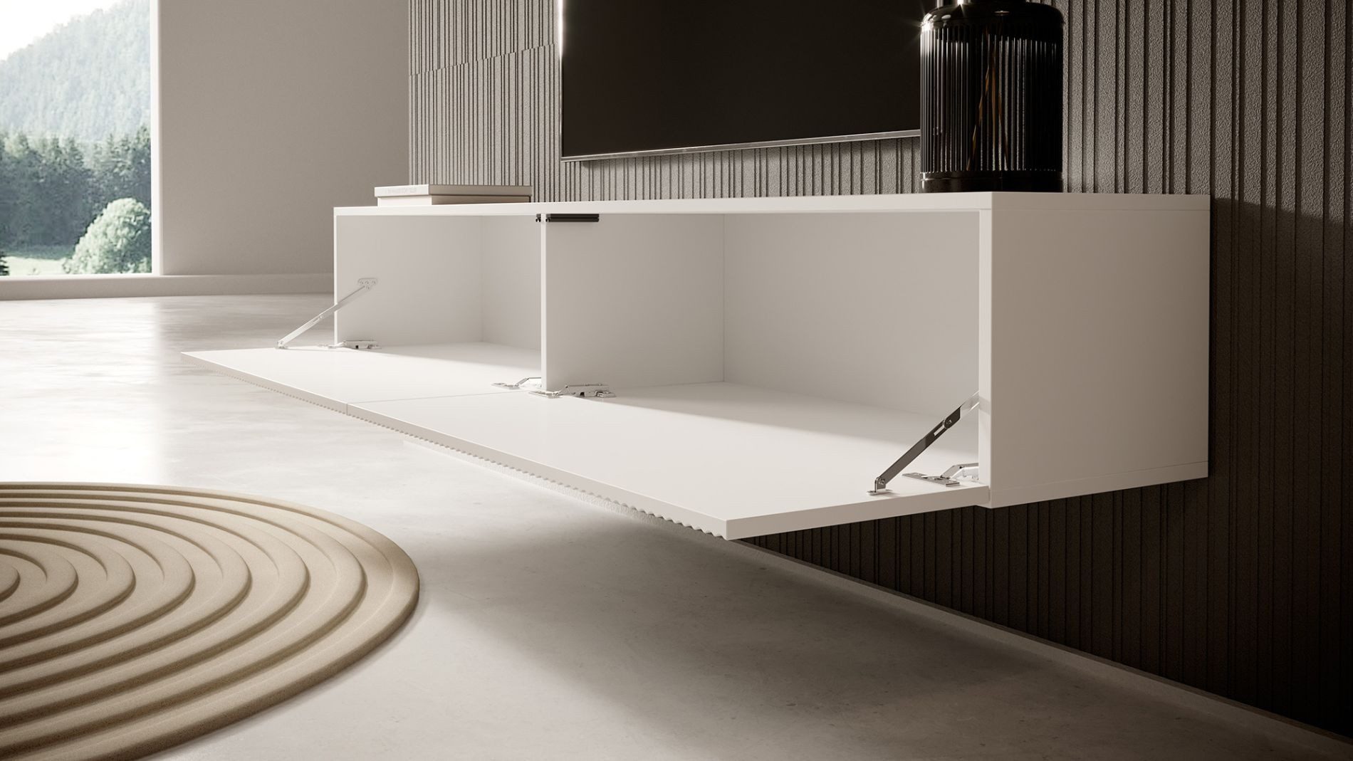 Selsey TV-Schrank VELDIO 2 grifflose, geriffelte Türen, nach unten öffnend, 175x30x31,6 cm