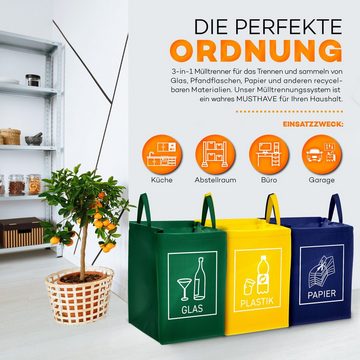 TRESKO Mülltrennsystem Mülltrenner Abfalltrennsystem, 3-in-1 Mülleimer für Glas, Plastik, Papier