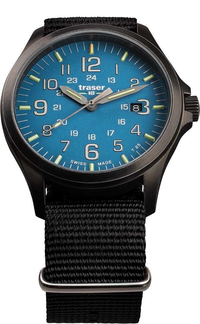 Traser Quarzuhr P67 Officer Pro GunMetal SkyBlue Herrenuhr 108647 Natoband 42 mm, mit selbstleuchtendem trigalight