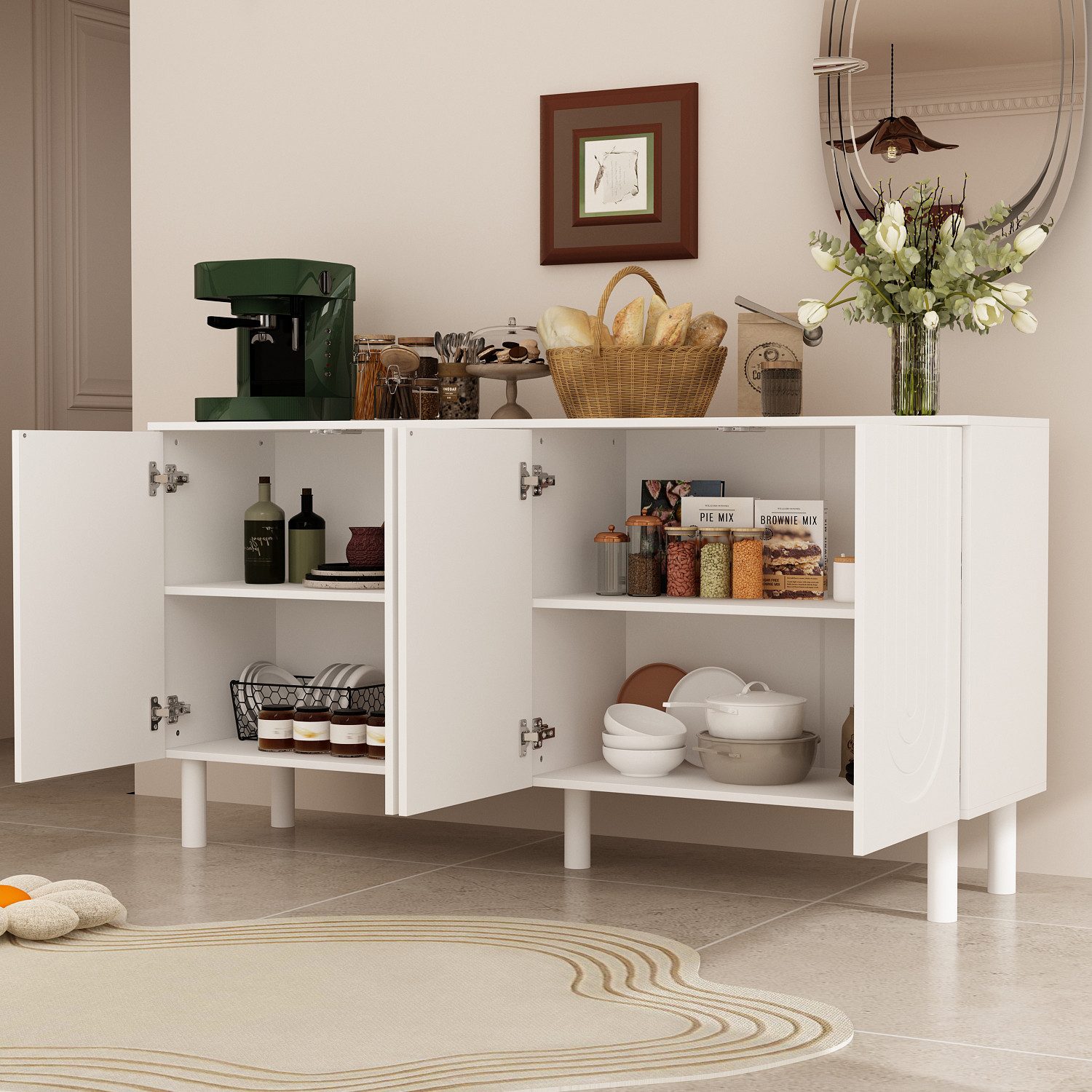 FUFU&GAGA Sideboard Weiß 160 cm breit Skandi Design, 5 Massivholzbeine Stabil