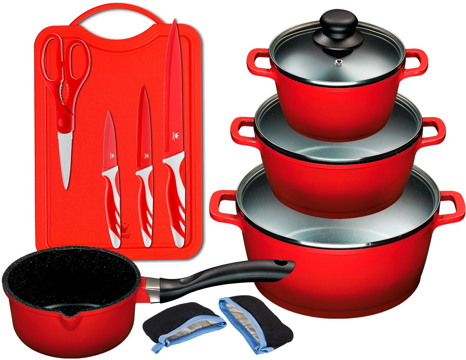 KING Topf-Set ALUGUSS, Aluminiumguss (Set, 14-tlg., je 1 Kochtopf 16/20/24 cm, 1 Stieltopf 16 cm, Schneidebrett mit Messer), Keramikantihaftbeschichtung, Induktion