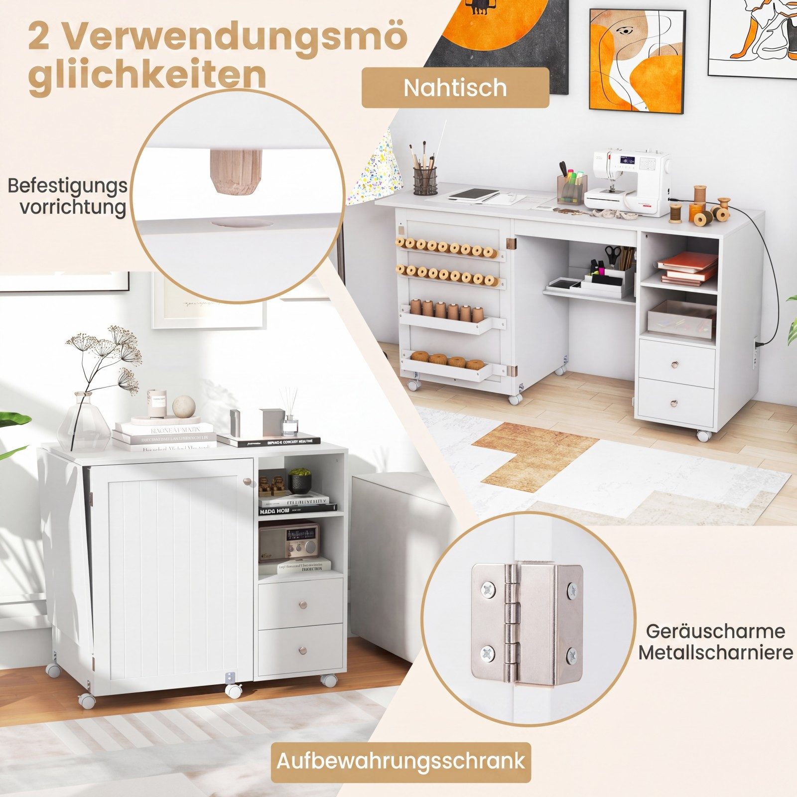 COSTWAY Schreibtisch, Nähtisch mit Ladestation, auf Rollen, Klapptisch mit Stauraum