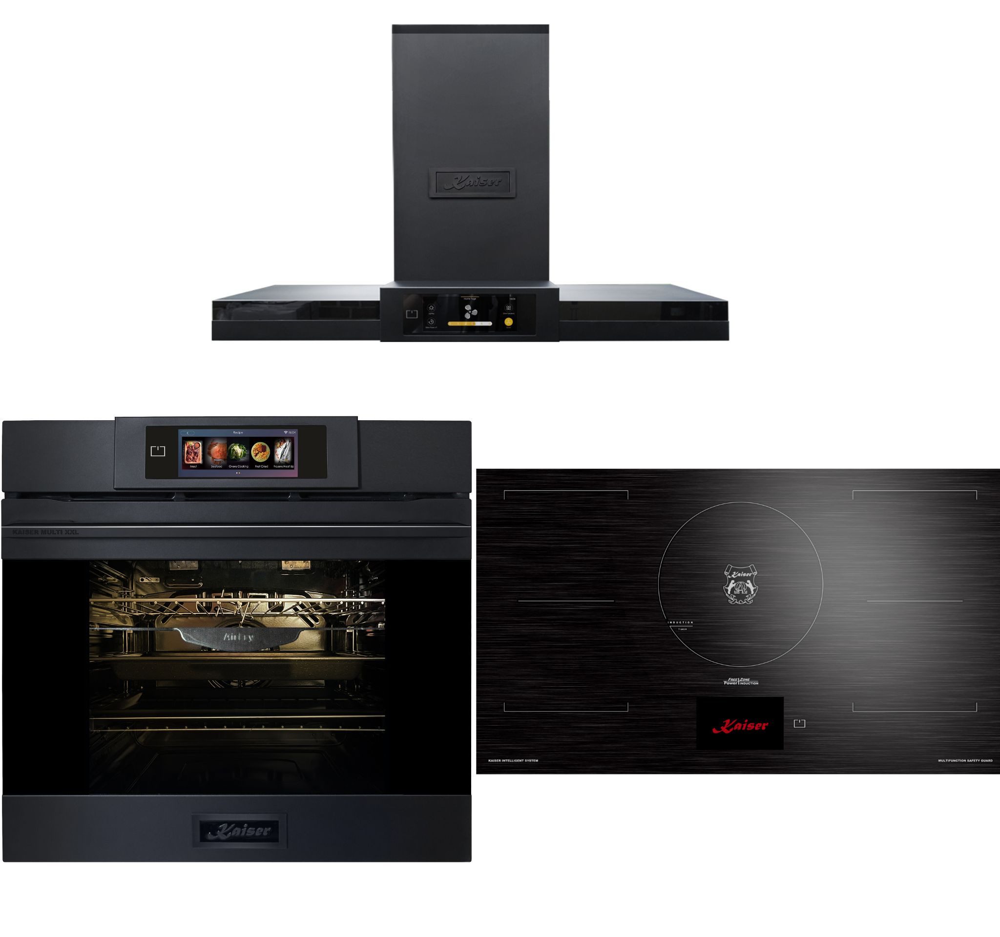 Kaiser Küchengeräte Backofen-Set Herd Set Autark Einbaubackofen XXL Multi 29, Multifunktions-Elektro-Backofen mit Pyrolise und Dampfreinigung, 60 cm+Induktionskochfeld 90 cm TFT Display+Dunstabzugshaube 90 cm TFT Display 1100 m3/h EH 6347+KCT 9140 FI +AT 9342, mit 1-fach-Teleskopauszug