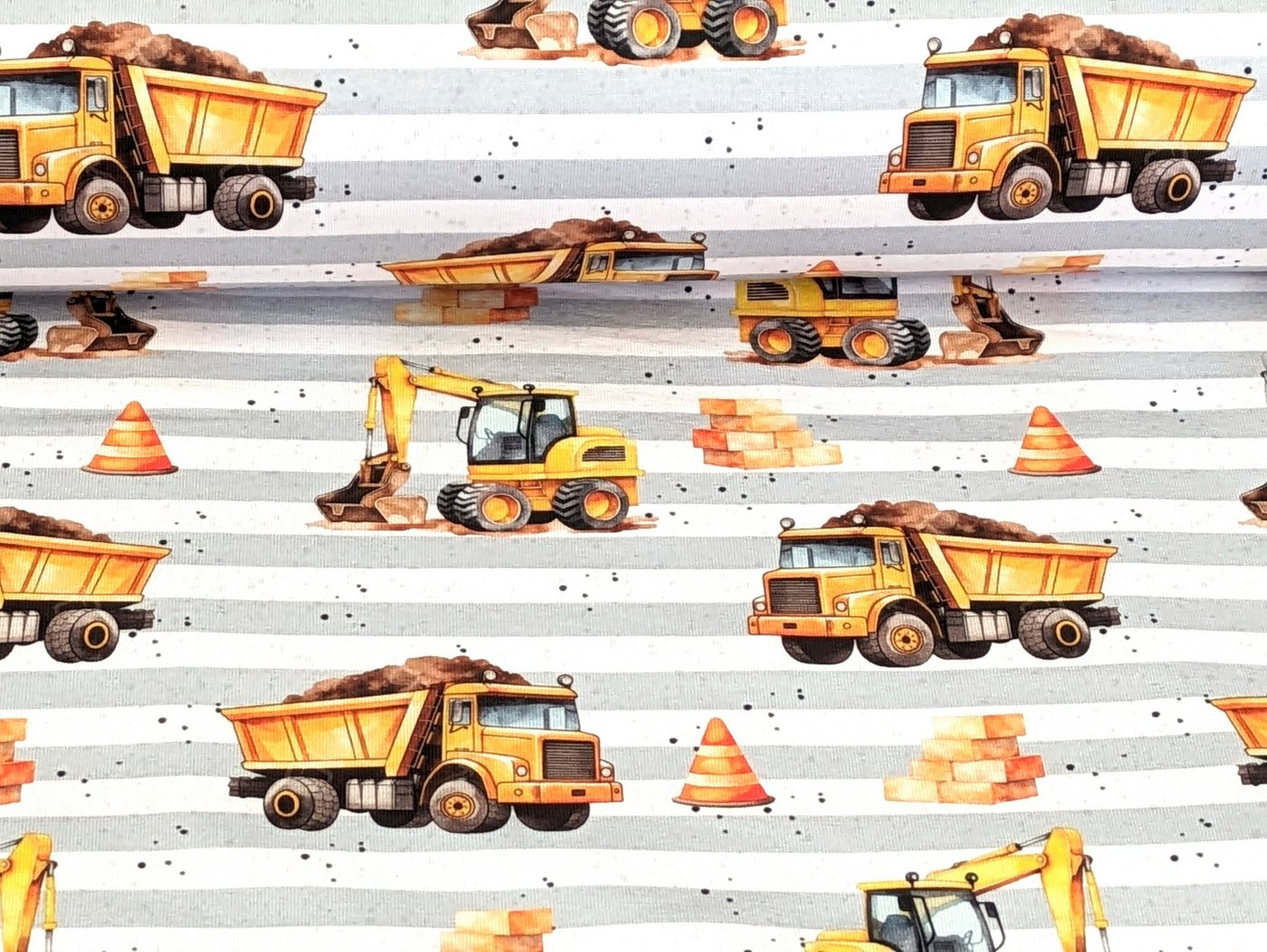 Thumbnail - Corileo Stoff EP Baumwolljersey Baustellen Fahrzeuge Streifen auf Hellgrau Stoff