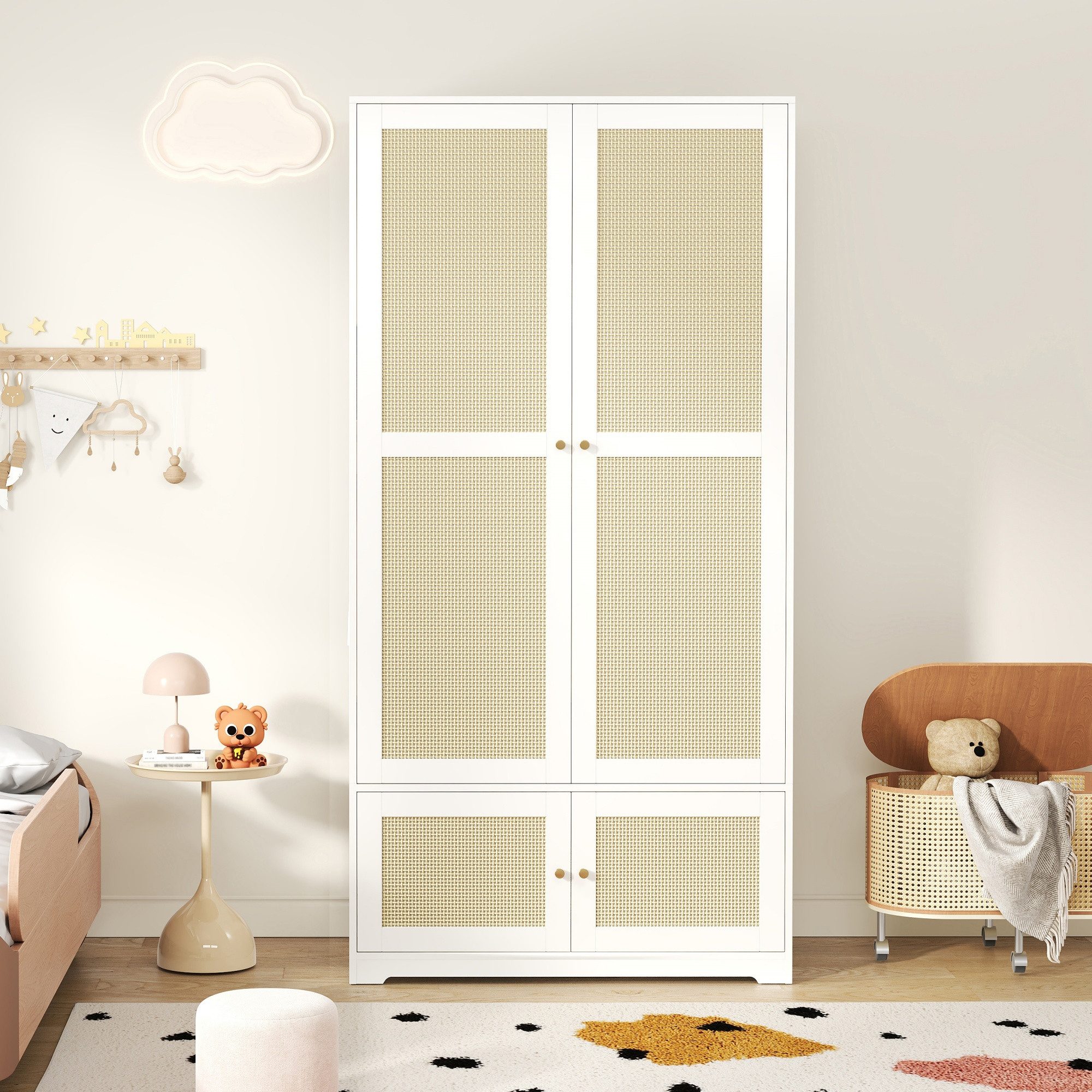 OKWISH Kleiderschrank 90x48x180cm Rattankleiderschrank mit 2 Türen (Rattankleiderschrank, Schlafzimmerkleiderschrank, 1-St., Weißer Schlafzimmerschrank) Kleiderstange & Stauböden, MDF mit lackierten Fronten