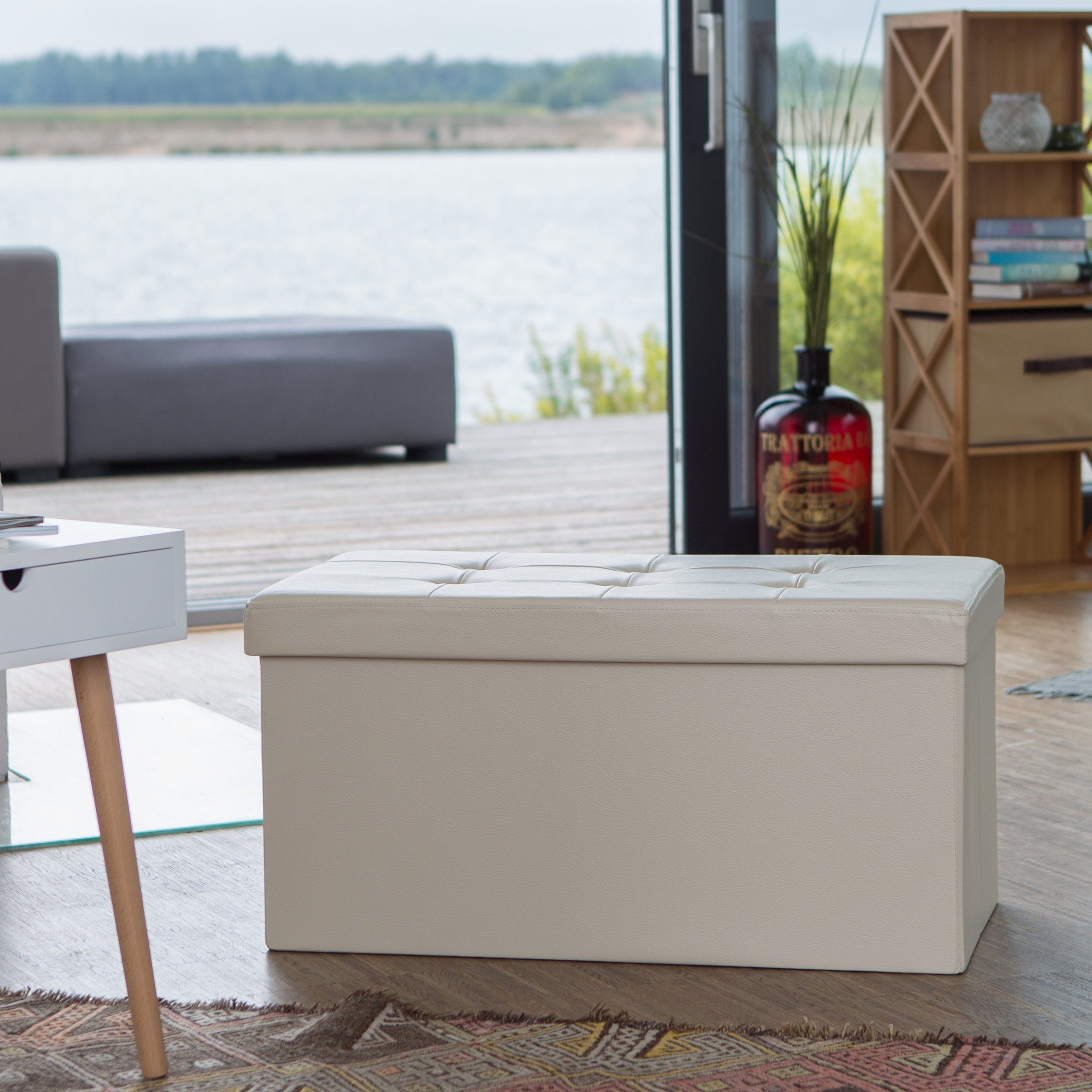 relaxdays Sitzbank mit Stauraum Kunstleder (1-St), Creme – Bild 2 von 5