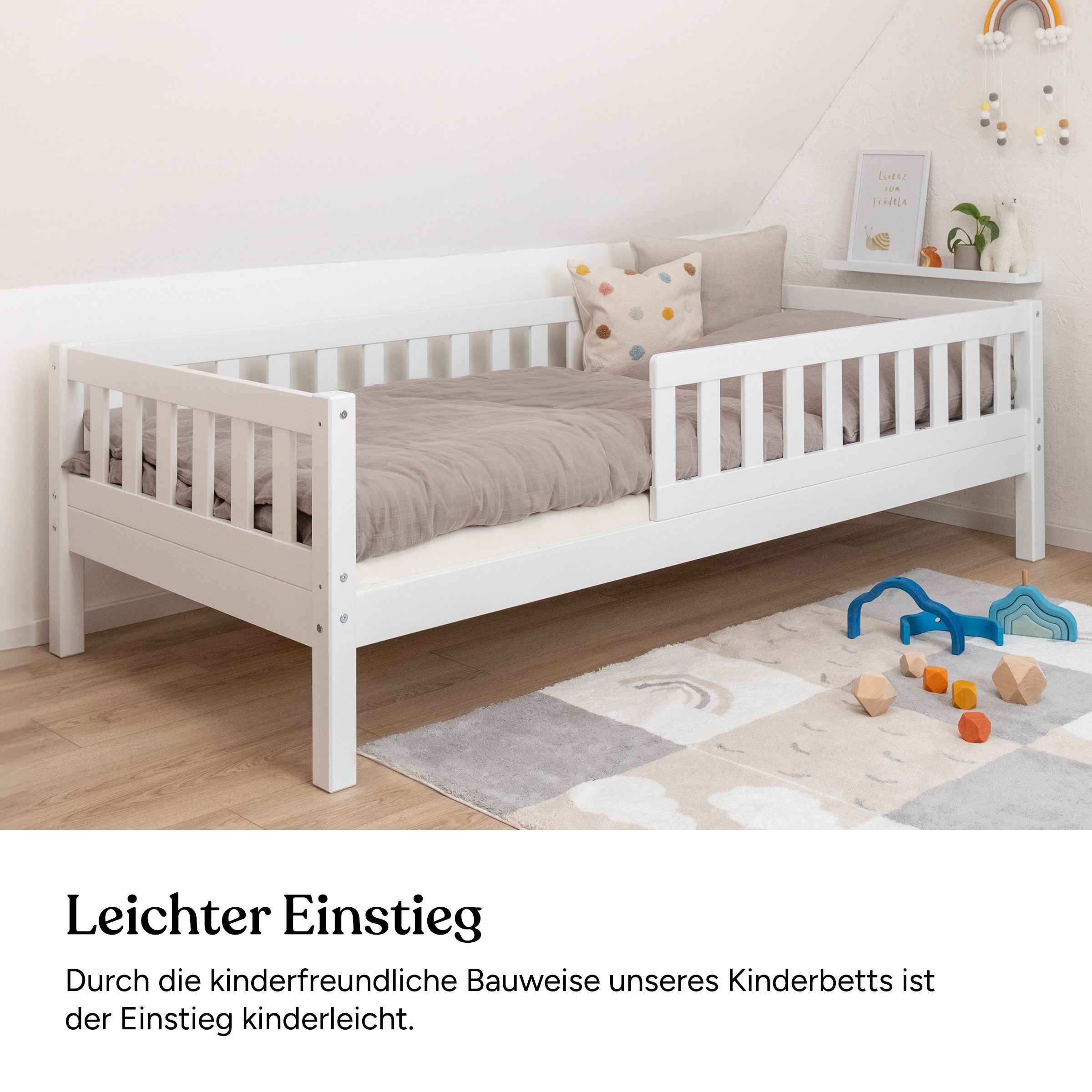 Ehrenkind Kinderbett Lille aus massivem Kieferholz inkl. Rollrost und Rausfallschutz (90x200 cm Weiß, 2-in-1: Mit optionalem Umbauset zum Bodenbett umbaubar), f – Bild 4 von 5