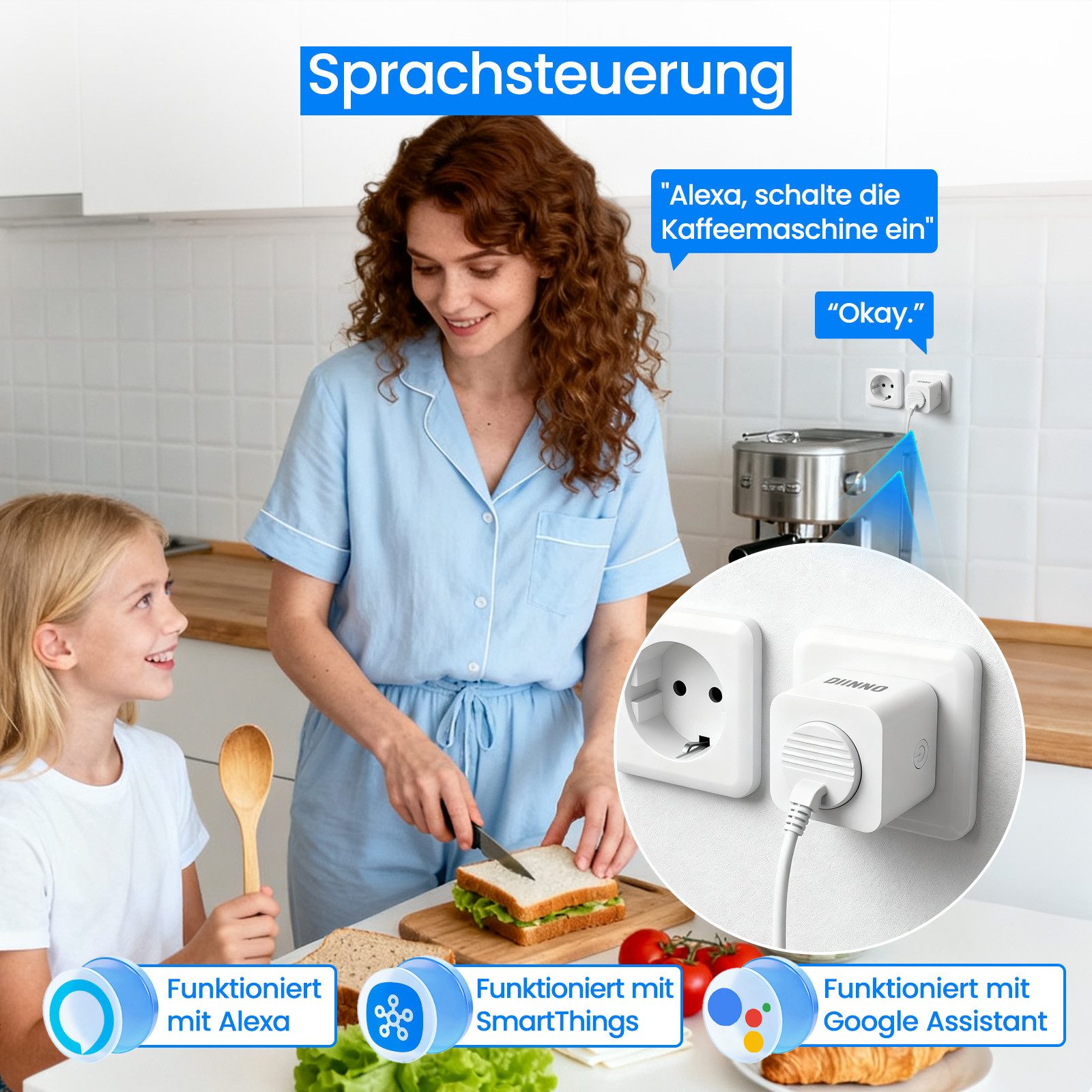 DIINNO WLAN-Steckdose WLAN-Steckdose, max. 3680 W, Packung, 1-St., Mit Echtzeit-Energiemessung und Verbrauchsstatistik
