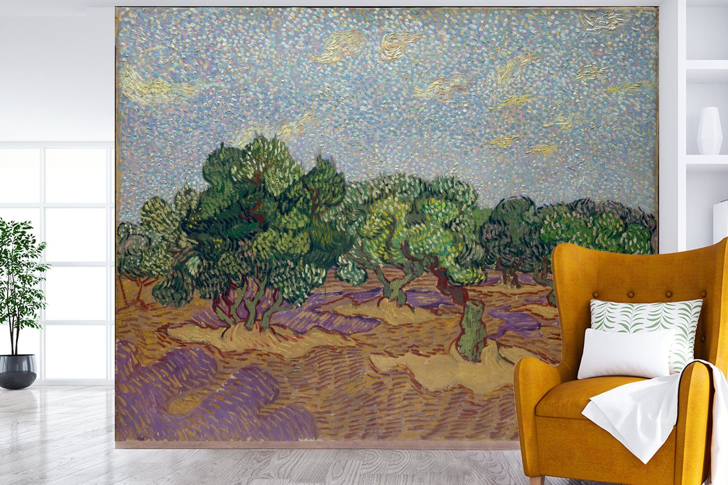 MuchoWow Fototapete van Matt, Olivenhain - mit bedruckt, Vincent St), hellblauem Gogh, für Himmel (5 Wohnzimmer, Montagefertig Tapete Wandtapete Vinyl