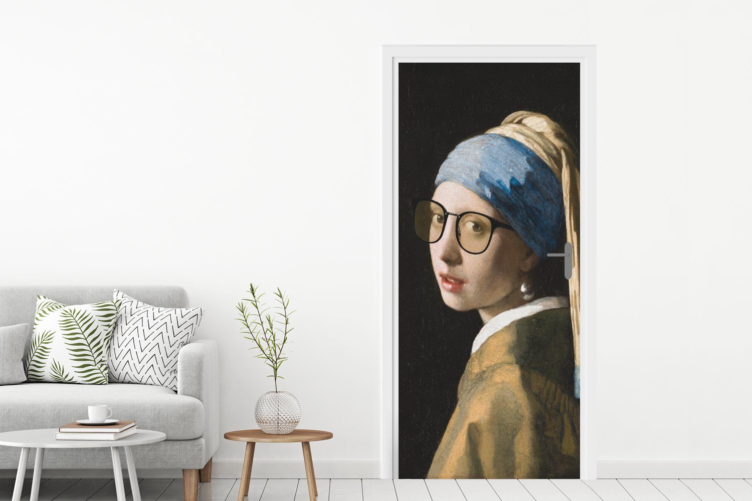 Perlenohrring - Tür, Mädchen St), bedruckt, Vermeer mit Matt, Türaufkleber, für - MuchoWow (1 Türtapete Fototapete 75x205 cm dem Das Brillen,