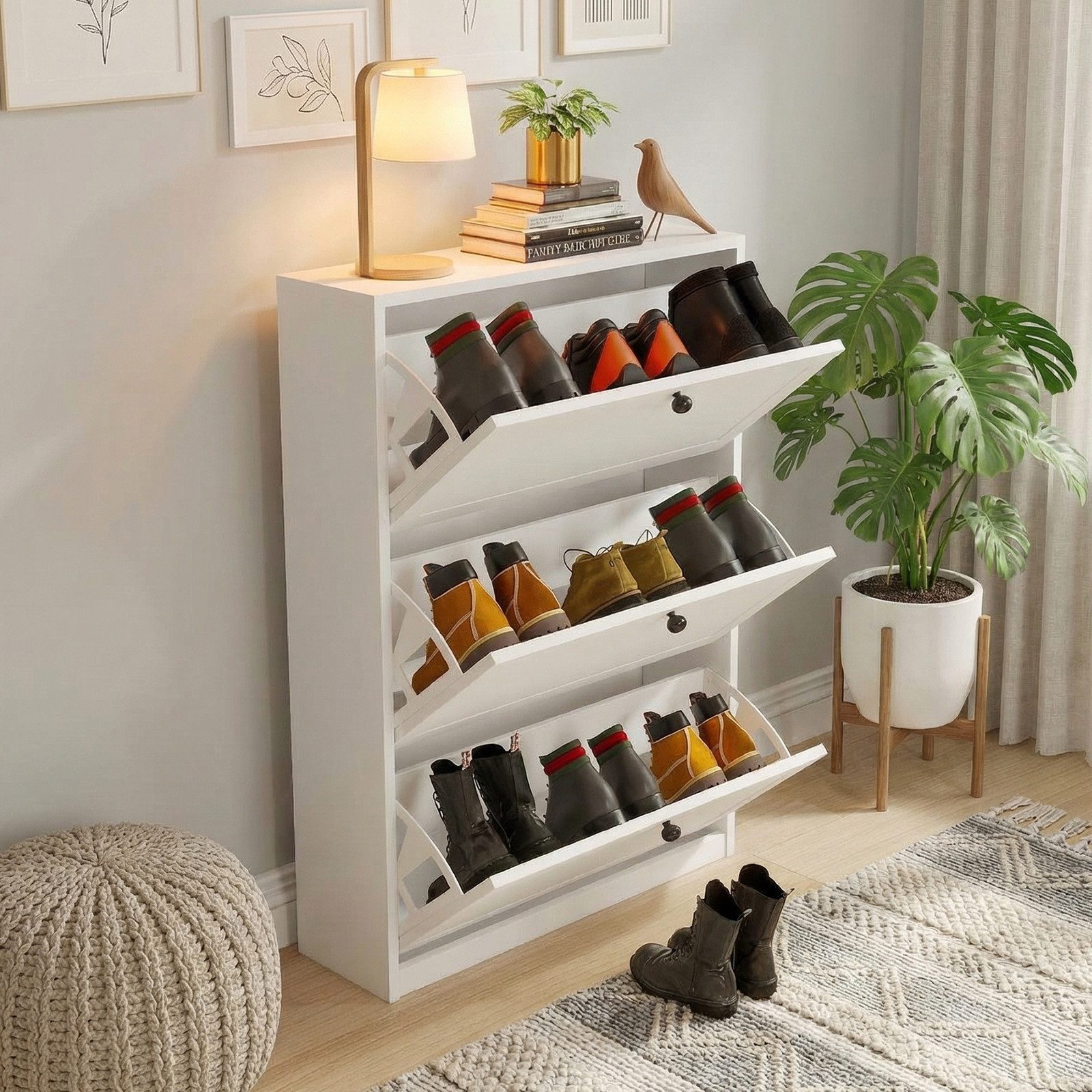 VOWNER Schuhschrank mit 3 Klappen, Schmaler Schuhregal, Verstellbar, 80 x 24 x 117 cm Platzsparend & verstellbar – 24 Paar Schuhe, Weiß – Bild 5 von 5