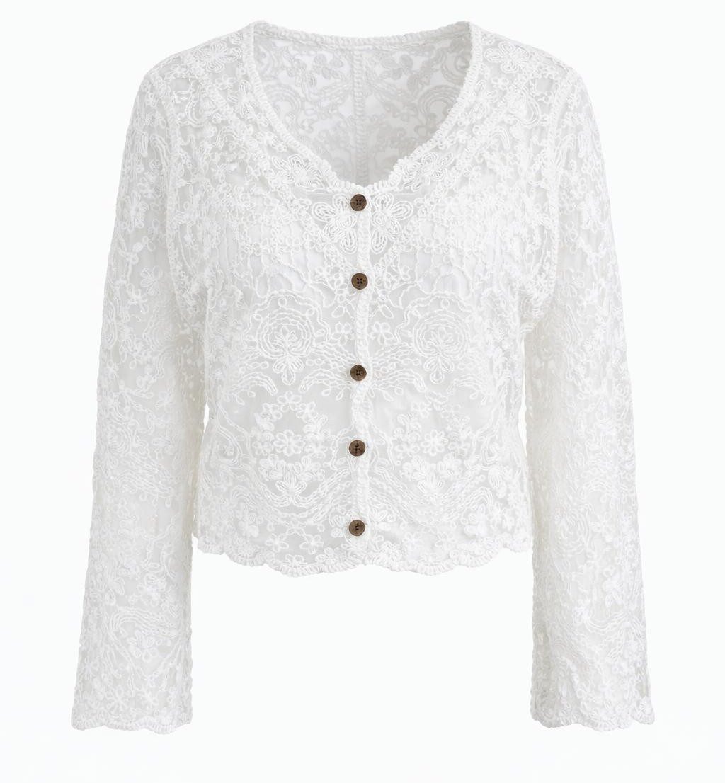 Spitzenbluse Damen Spitzenbluse kurz mit Knopfleiste – Boho Spitze Bluse S/M