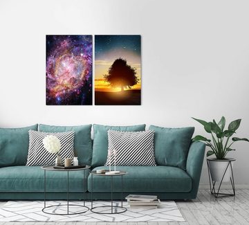 Sinus Art Leinwandbild 2 Bilder je 60x90cm einsamer Baum Nachthimmel Universum Weltall Sterne Astrofotografie Sommernacht