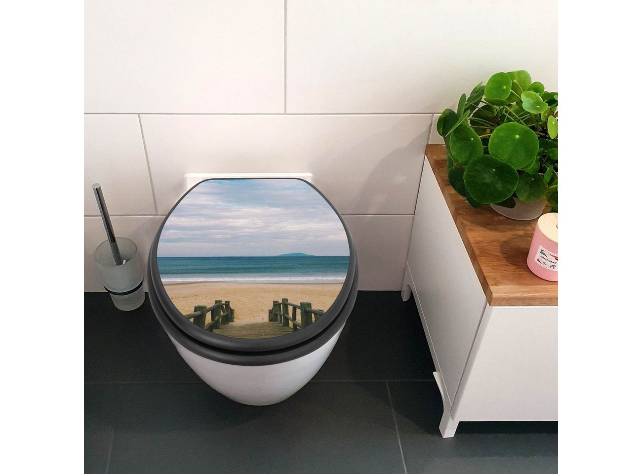 Thumbnail - banjado WC-Sitz Anthrazit Motiv Zum Strand (umweltfreundliches Material, integrierte Absenkautomatik), 46,5 x 38 x 5 cm