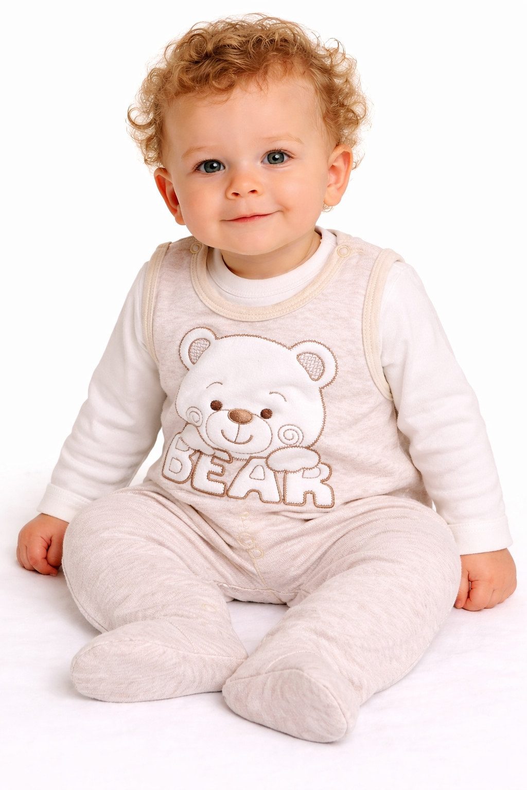 Strampler Stramplerhose Hemdchen Baby Anzug mit Bärchen in Beige Erstlingsset