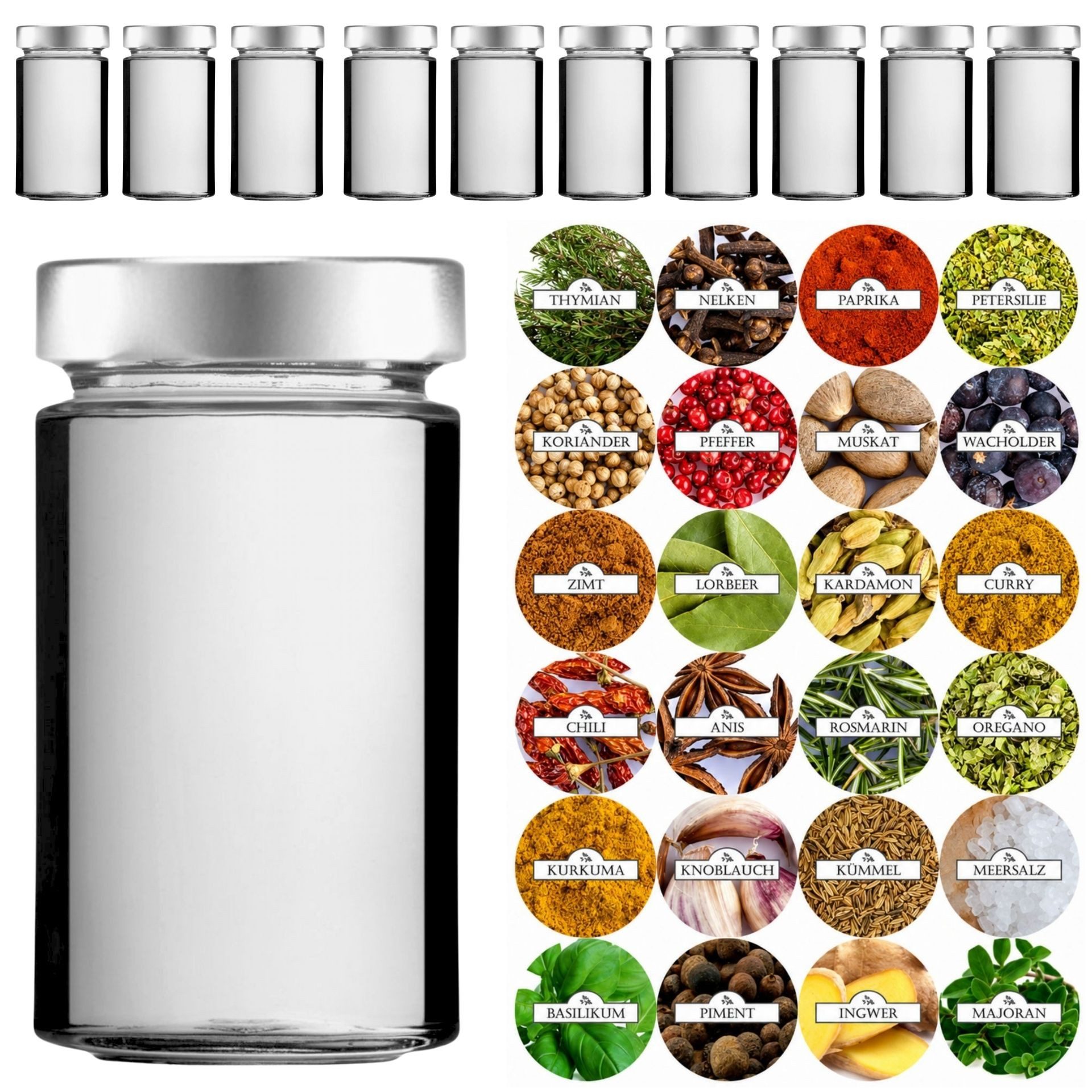 mikken Gewürzbehälter 12x Kräuterglas 245 ml Gewürzglas mit Deckel & 24 Gewürzetiketten