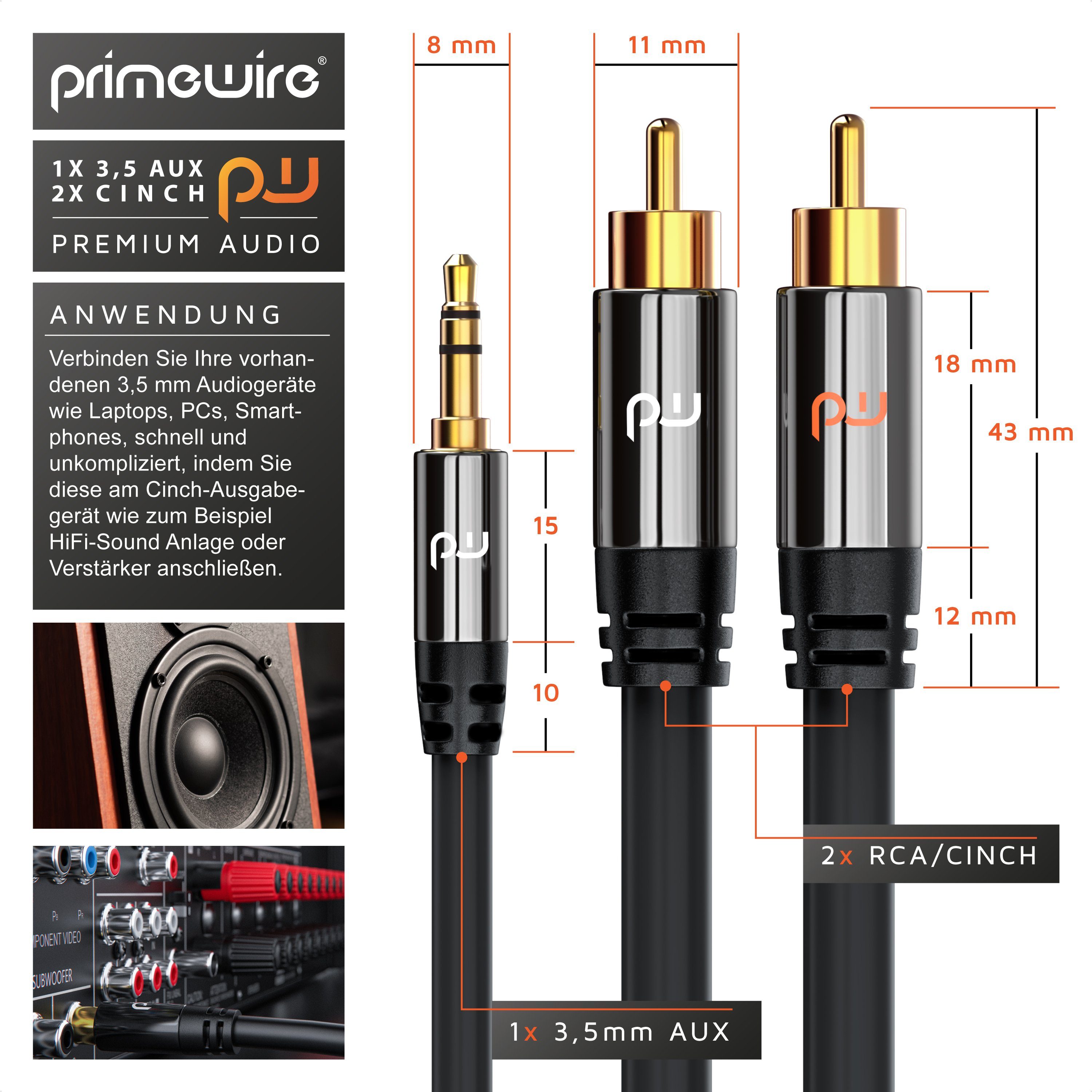 Primewire Audio-Kabel, Cinch, 3,5-mm-Klinke, RCA, AUX (150 cm), Stereo HiFi Audio-Adapter mehrfach geschirmt - 1,5m