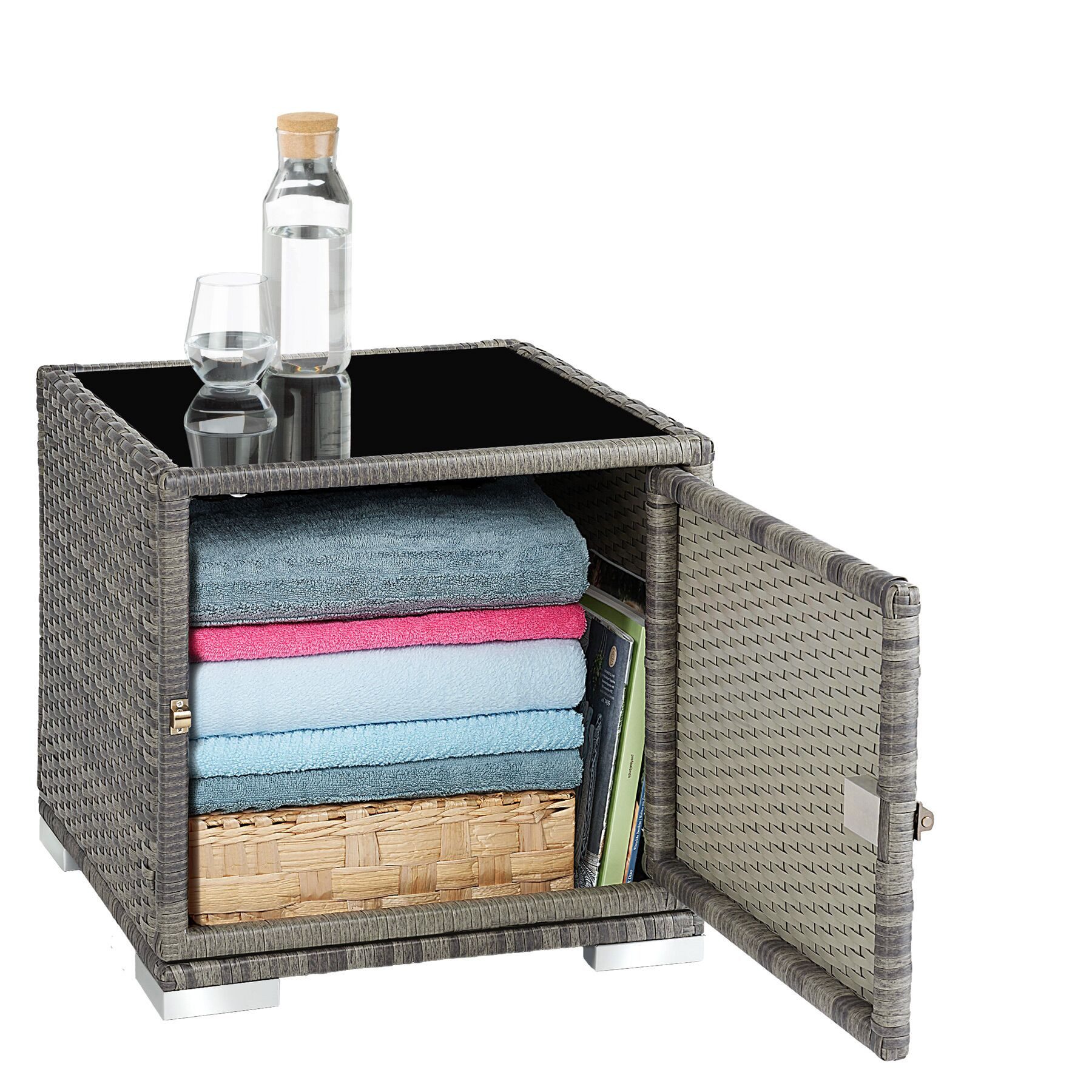 tectake Gartenliege Rattan Sonnenliegen, inklusive 2 Bezugssets und Schutzhülle, Balkonliege Nautica, 1 St., in Grau, wetterfest und UV-beständig, Tisch mit Staufach, Sicherheitsglasplatte