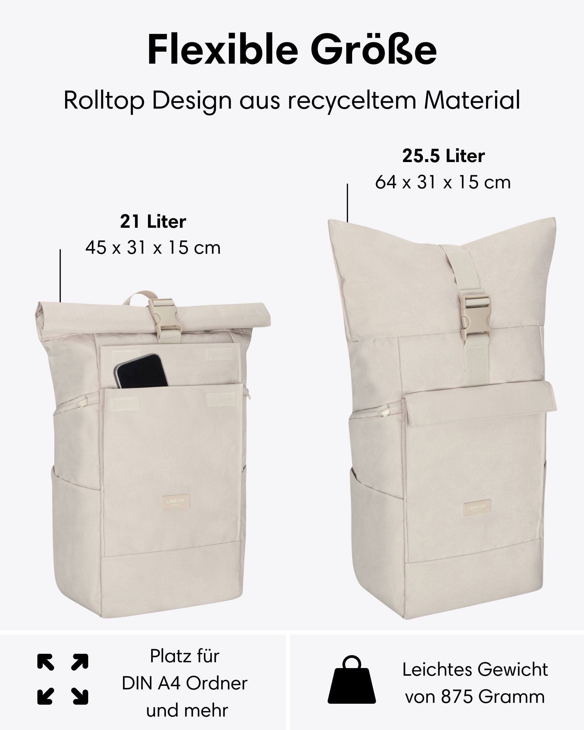 LARKSON Cityrucksack No 4 Large Rolltop Rucksack für Damen und Herren (1-tlg), Geräumiger Rolltop Rucksack für Reisen, Wasserabweisend