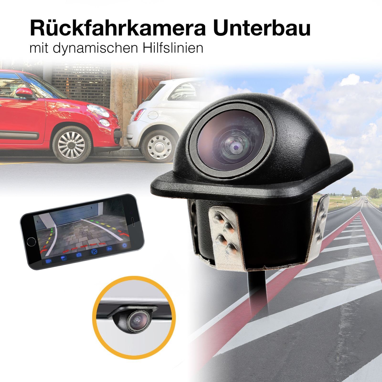 PAL, HD Unterbau bewegliche Rückfahrkamera und Kamera Hilfslinien) dynamische 170° Parklinien CARMATRIX PKW, Rückfahrkamera Mini CM-433 (Auto Grad