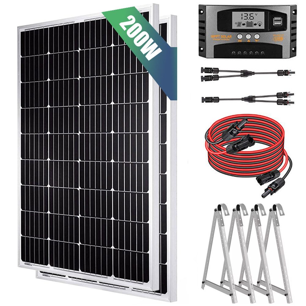 Rhein Beleuchtung Solarmodul 200W Solarpanel Set 12V Monokristallin für Wohnmobil & Camping, 200 W, Monokristallin, (Set, 1-St., Inkl. 40A MPPT-Regler, Y-Kabel, 2×100W Module, Plug & Play), Mit Halbzellen-Technologie, IP65 wasserdicht, hohe Effizienz
