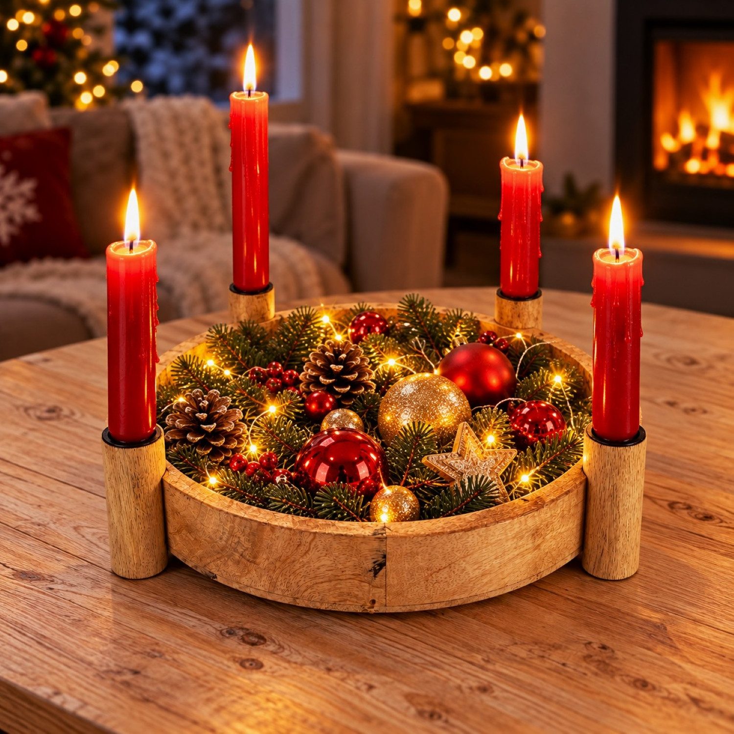 Online-Fuchs Adventskranz aus Mangoholz für Stabkerzen mit schwarzen Kerzenhaltern, Metall, rund, modern und natürlich für Ihre Weihnachtsdekoration