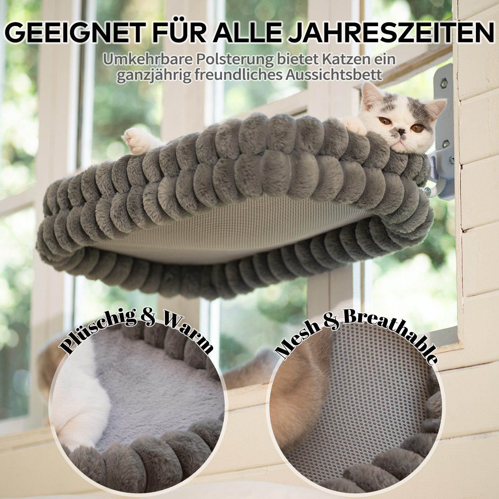 CheerPals Tierbett Fensterliege bis 18kg, faltbare Hängematte, Wendebezug, Polyesterfaser