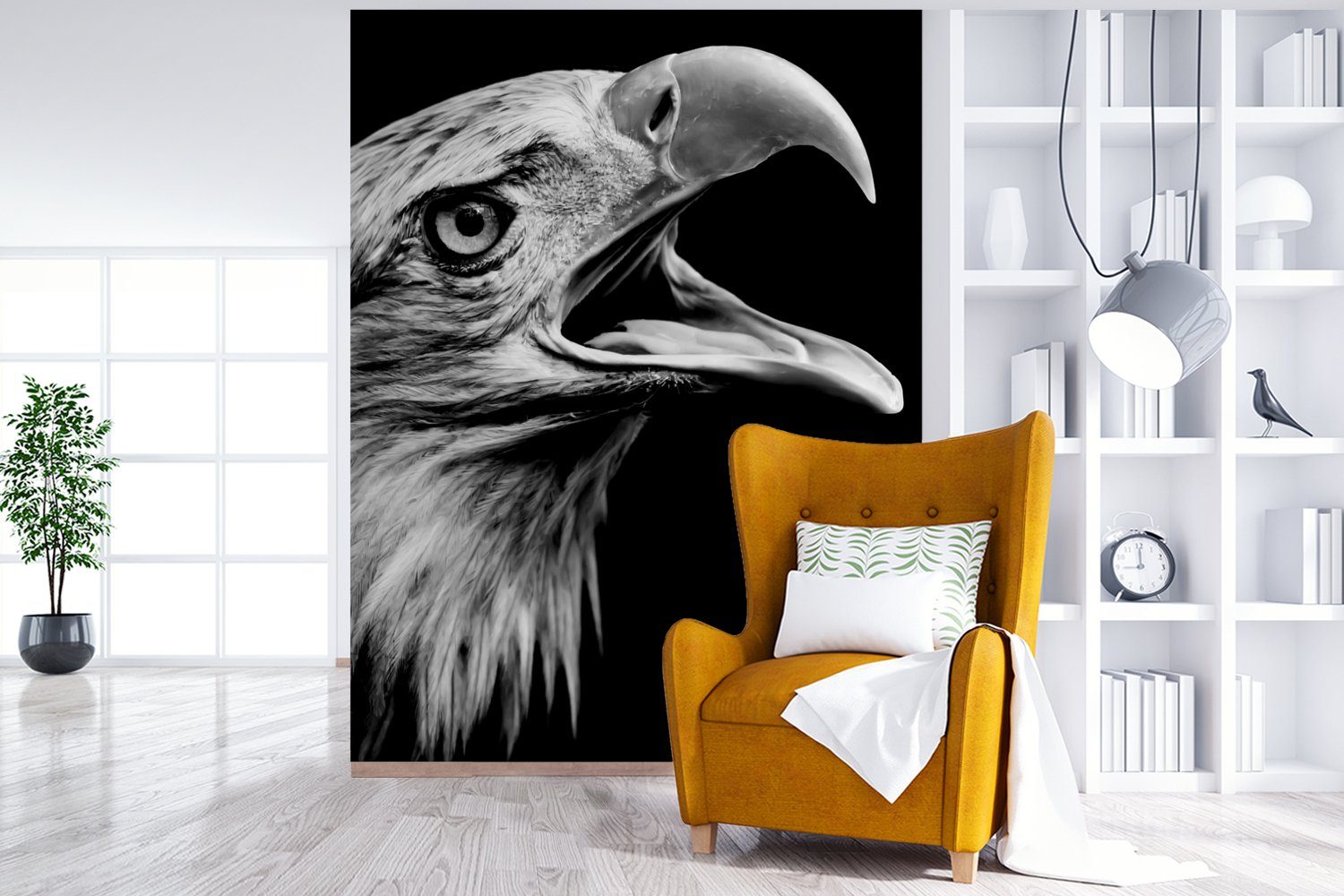 (4 Tapete Schwarz Matt, bedruckt, Wohnzimmer, - St), Porträt Weiß - MuchoWow Fototapete Montagefertig - Vinyl Adler - Wandtapete - Raubvögel für Vogel,