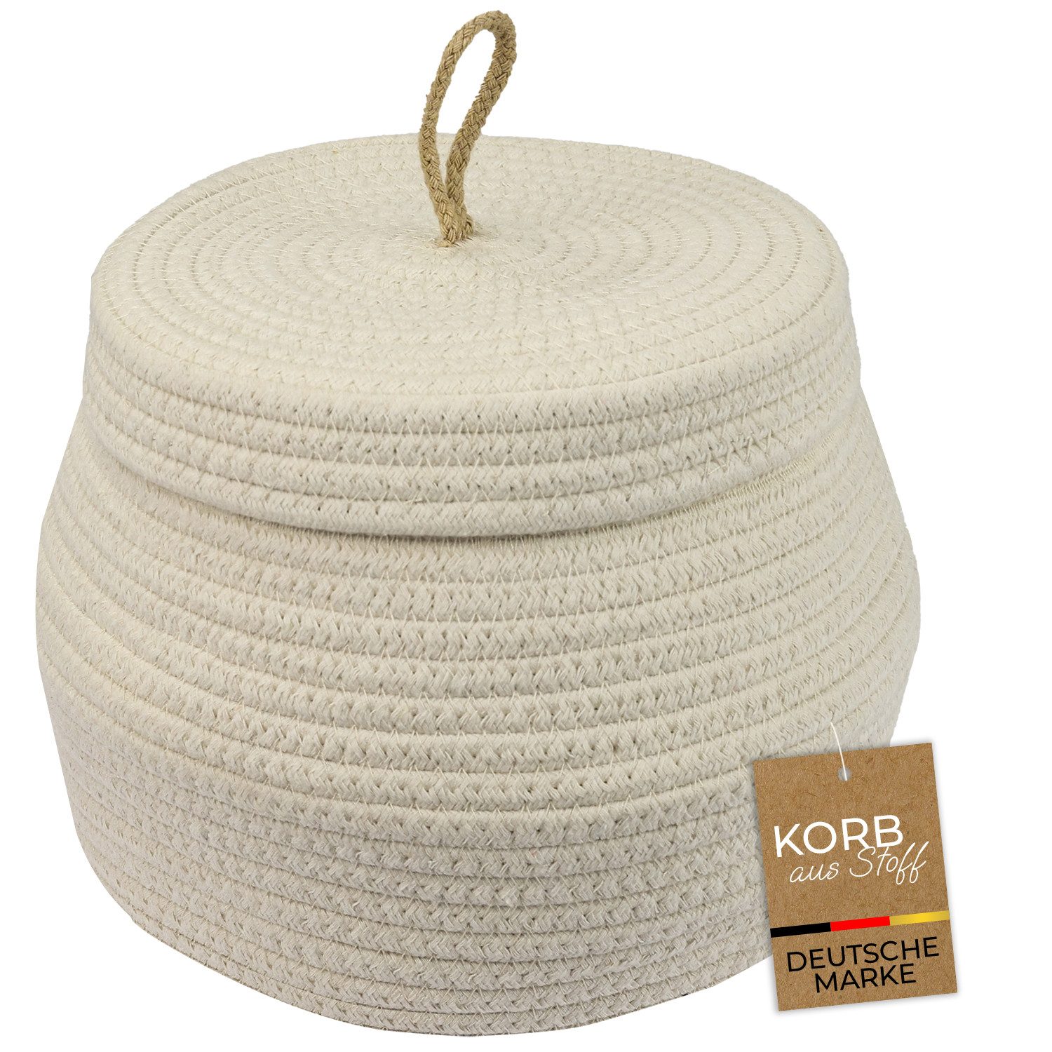 HMF Aufbewahrungskorb Aufbewahrungskorb Badezimmer rund, Korb mit Deckel, aus Baumwolle, Badezimmerkorb, Hoch, 25,5 x 19 cm, Creme
