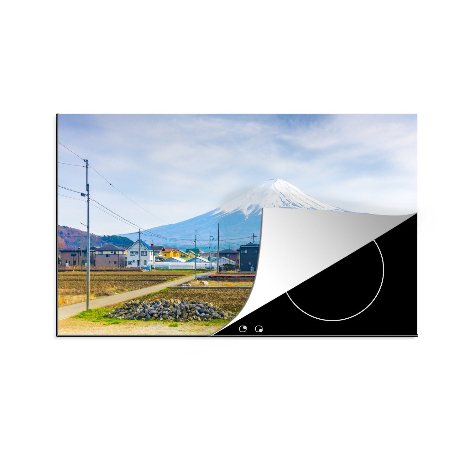 MuchoWow Herdblende-/Abdeckplatte Die Landschaft mit Häusern vor dem Berg Fuji in Japan, Vinyl, (1 tlg), 83x51 cm, Ceranfeldabdeckung, Arbeitsplatte für küche | Herdabdeckplatten