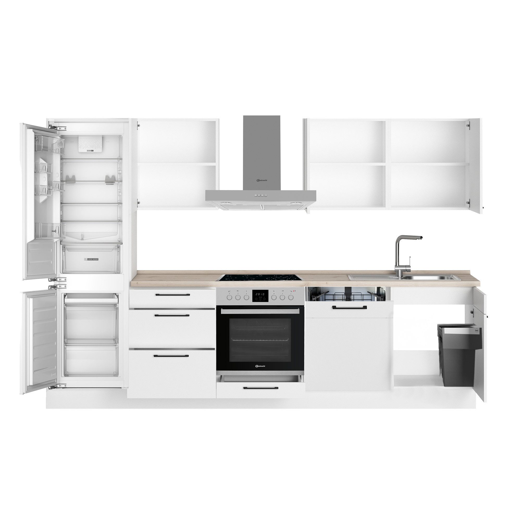 ROCTOR Küche RT7001 Kristallweiß / Arbeitsplatte Sommereiche hell - 300 cm breit, Vormontiert, inklusive Bauknecht E-Geräten, Korpus Made in Germany
