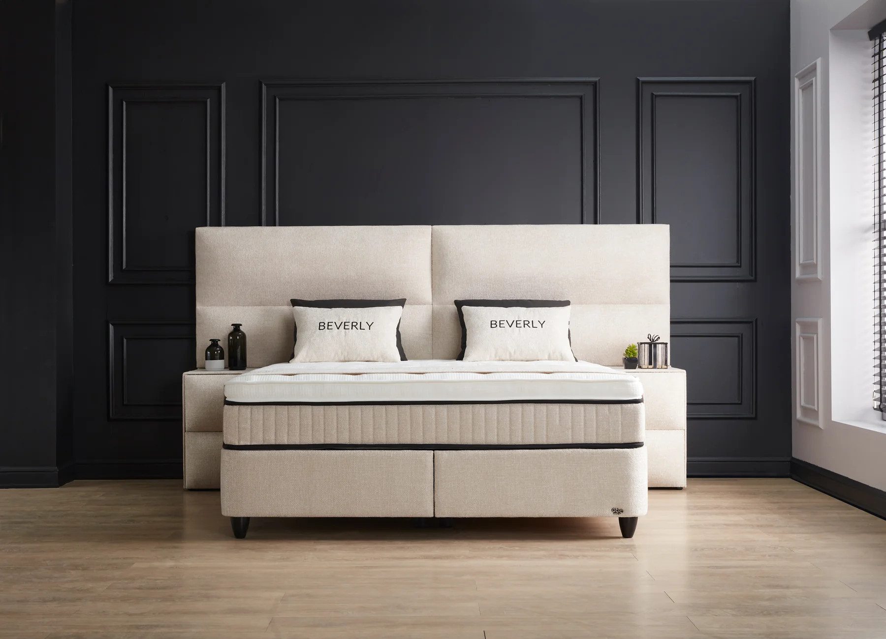 abc bedding Boxspringbett Komfortbett BEVERLY mit stilvollem Velours-Stoffbezug in beige, Voll-orthopädisches Schlafsystem inklusive Bettkasten