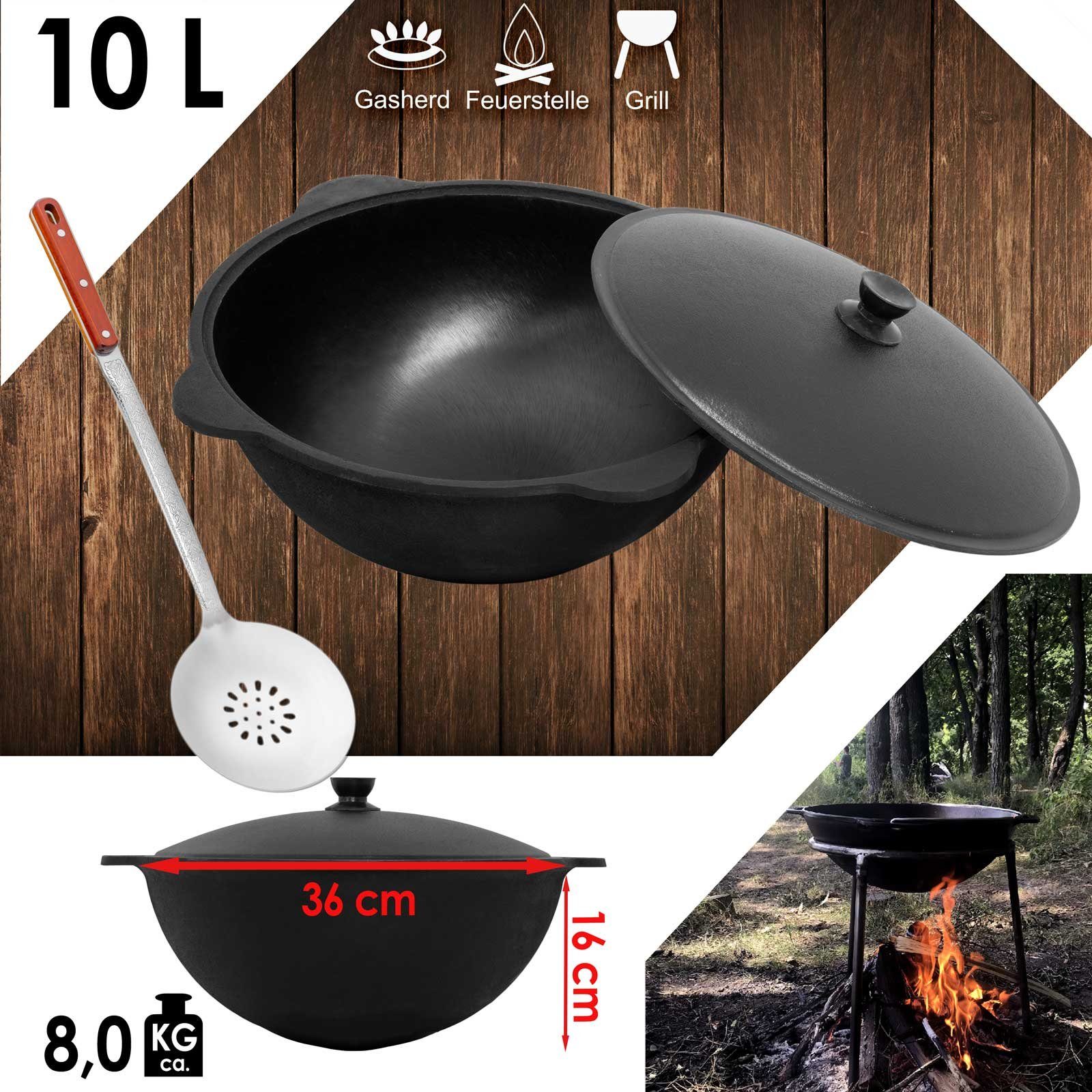 4BIG.fun Grilltopf Gusseisen Kasan 10L Alu WOK Kessel Schaumkelle, Gusseisen (Gusseisener Kasan mit Deckel und Schaumkelle)