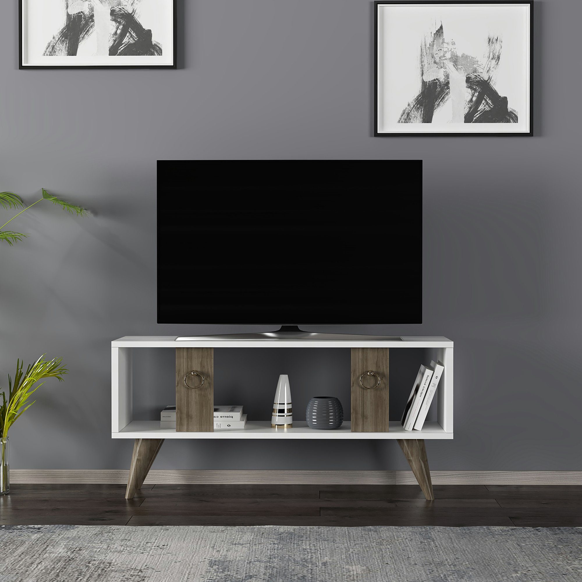 TV-Schrank Lowboard »Norsjö« en.casa 45x95x30cm Weiß/Walnuss-Optik