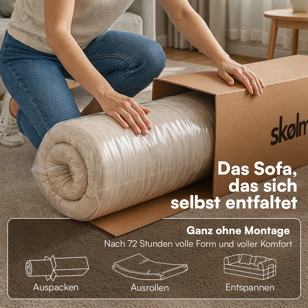skølm Sofa & Sessel Lofn aus Vollschaum Cord, umwandelbar zum Schlafsofa/-Sessel, Dunkelgrün, Ecksofa 300 cm breit, 4 Sitzer, kein Aufbau erforderlich, vakuumiert