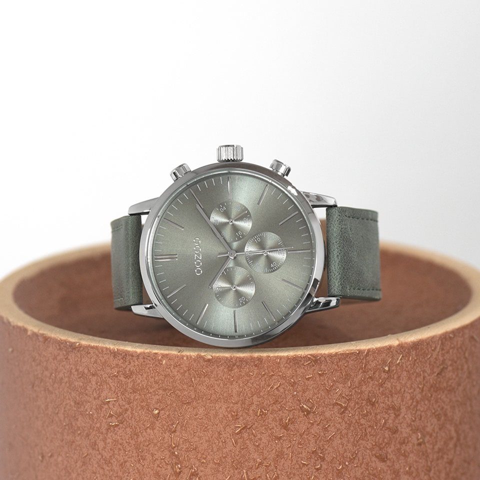 Herrenuhr Unisex grau 45mm) Damen, Lederarmband, Fashion-Style Armbanduhr Quarzuhr OOZOO rund, (ca. Oozoo groß Analog,