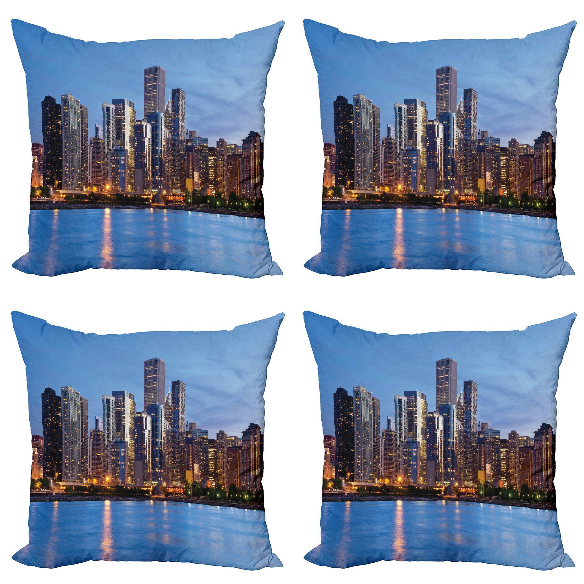 Accent (4 Stück), Modern Digitaldruck, Sunset Abakuhaus Doppelseitiger City Big Chicago Kissenbezüge Skyline