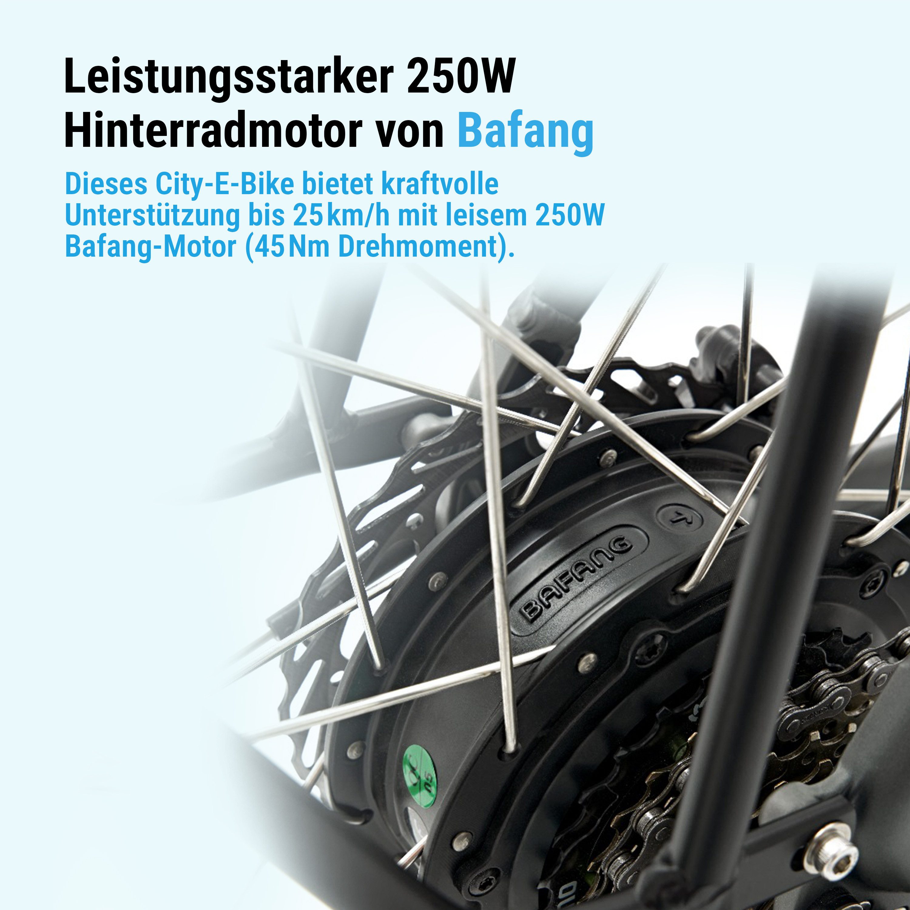 AsVIVA E-Bike Trekkingrad, Cityrad B15 28 Zoll, 7 Gang Shimano Shimano Tourney / SIS RevoShift Schaltwerk, Kettenschaltung, Heckmotor, 504 Wh, 250W Bafang-Motor, Pedelec mit Gepäckträger, Samsung Akku